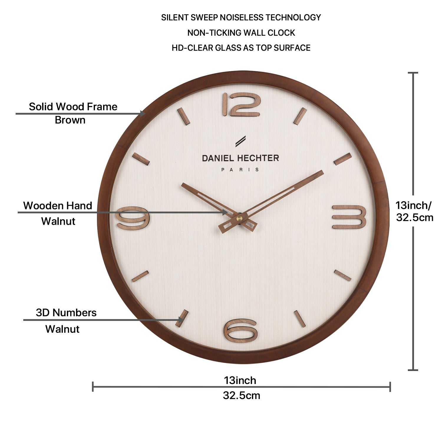 Daniel Hechter Paris Wall Clock, Silent Sweep Non-Ticking Quartz Movement, Wood-Grain Dial, Brown Wooden Frame - DHCL1005-33