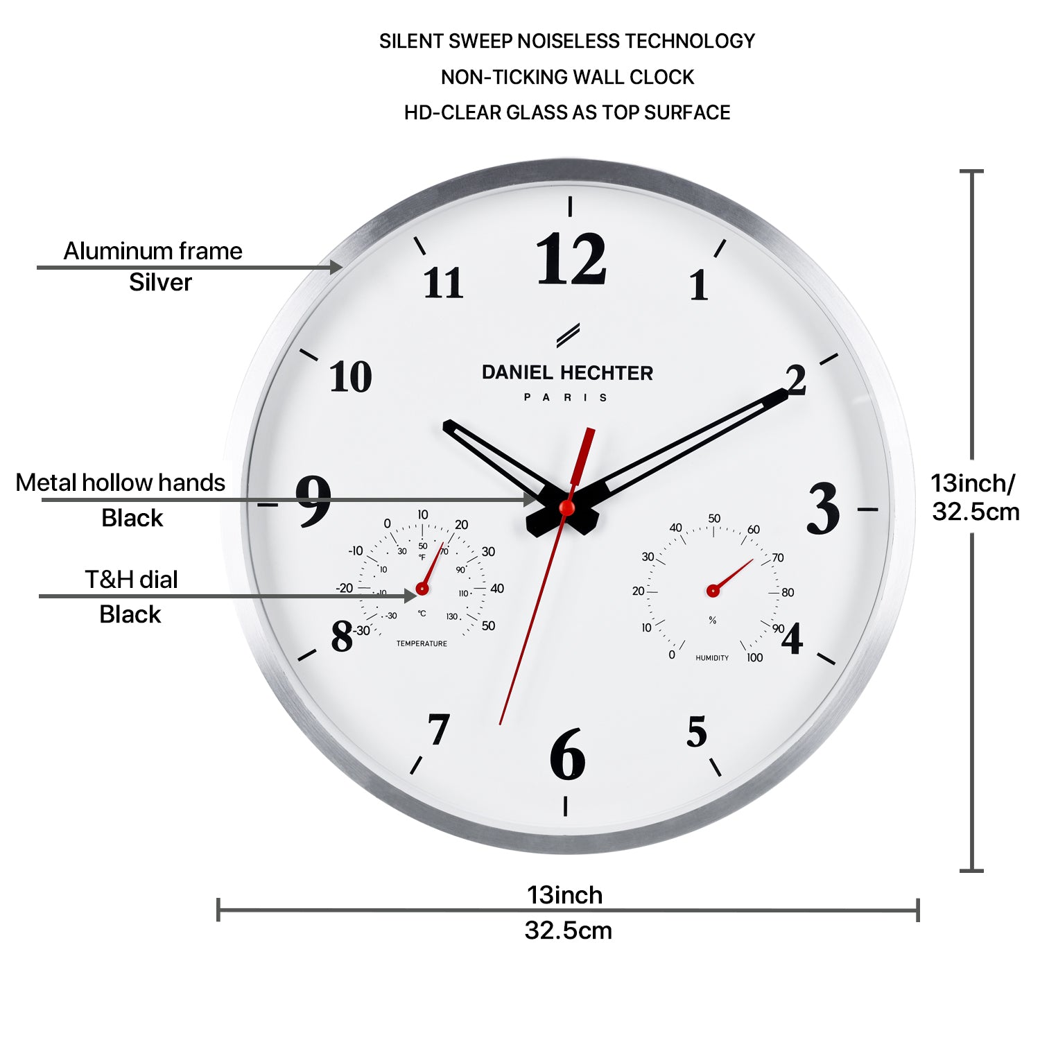 Daniel Hechter Paris Wall Clock, Silent Sweep Non-Ticking Quartz Movement, Temperature & Humidity Display, White Dial, Metal Frame - DHCL1002-33