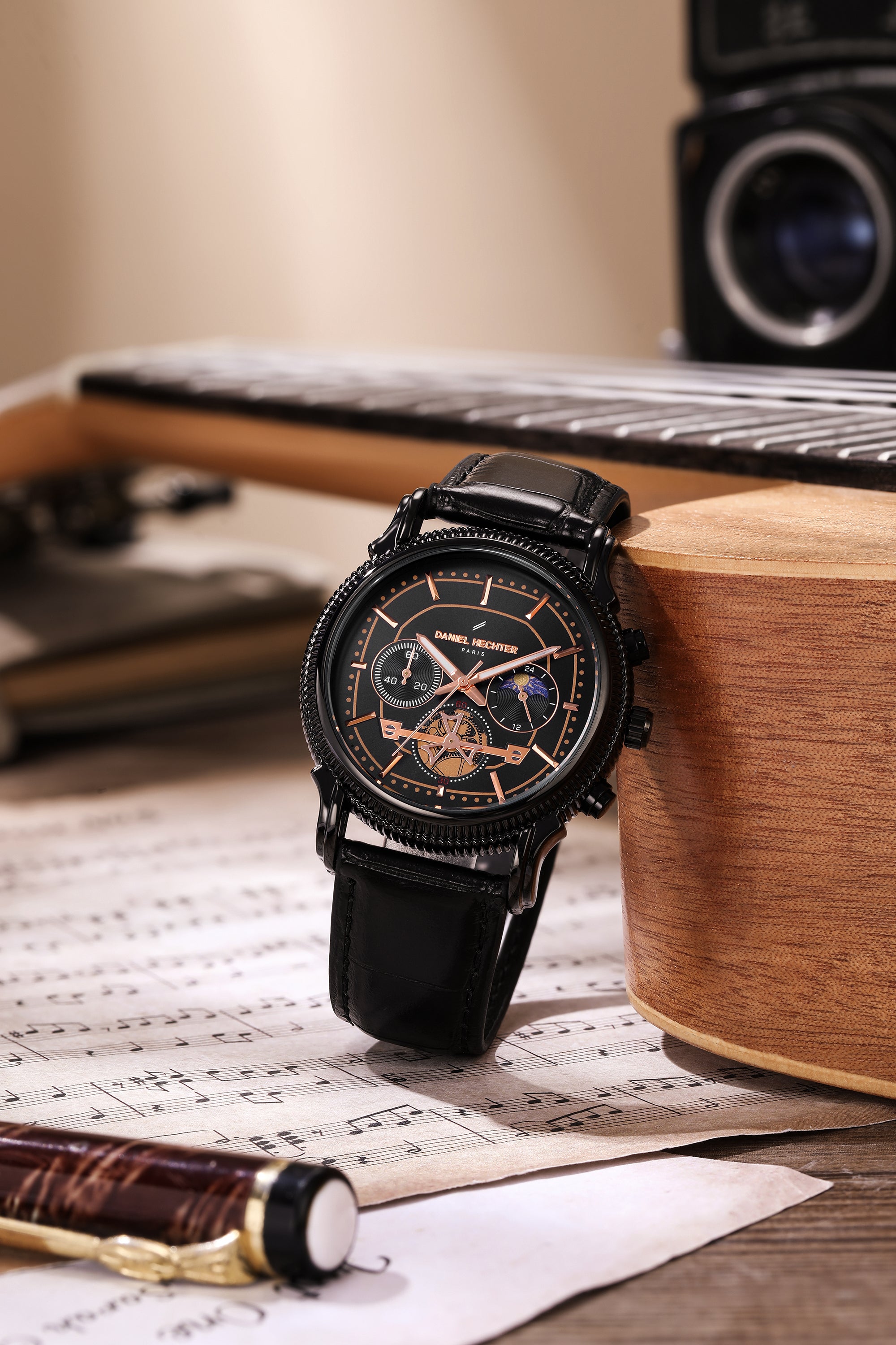 Daniel Hechter Paris Analog Quartz Watch for Men with Black Round Dial, Day/Night Indicator, Small Seconds Sub-Dials and Black Leather Strap - DHM1054-01