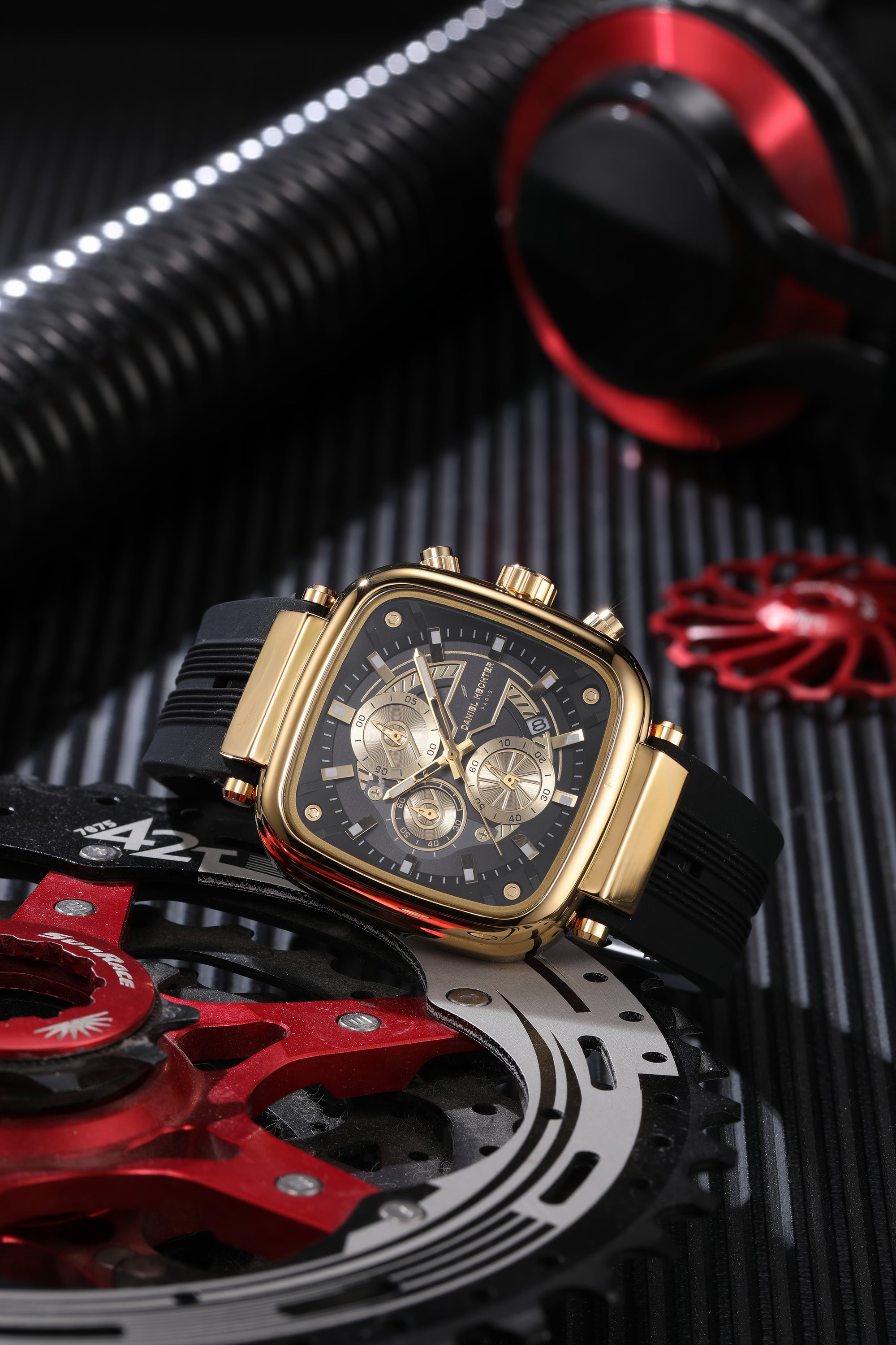 Daniel Hechter Paris Chronograph Analog Quartz Watch for Men with Black/Gold Square Dial, Luminous Hands & Baton Hour Markers and Black Silicone Strap - DHM1055-01