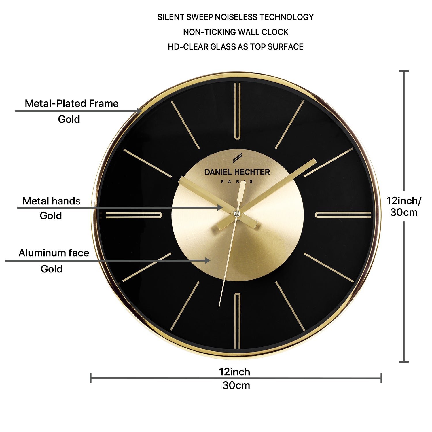 Daniel Hechter Paris Wall Clock, Silent Sweep Non-Ticking Quartz Movement, Black Dial, Gold Aluminum Face & Metal Frame - DHCL1004-22