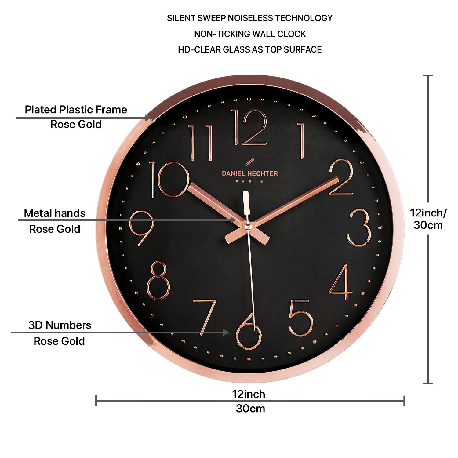 Daniel Hechter Paris Wall Clock, Silent Sweep Non-Ticking Quartz Movement, Black Dial, Rose Gold Plastic Frame, 3D Numerals, Modern Decorative Clock for Home & Office - DHCL1001-01