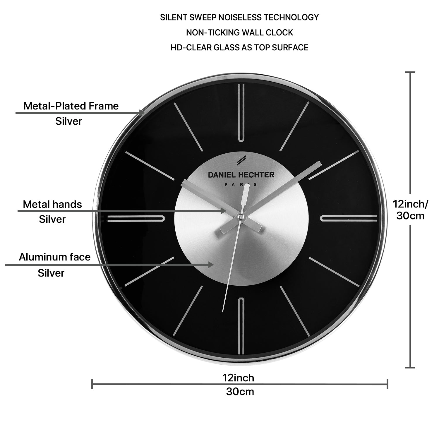 Daniel Hechter Paris Wall Clock, Silent Sweep Non-Ticking Quartz Movement, Black Dial, Silver Aluminum Face & Metal Frame - DHCL1004-33