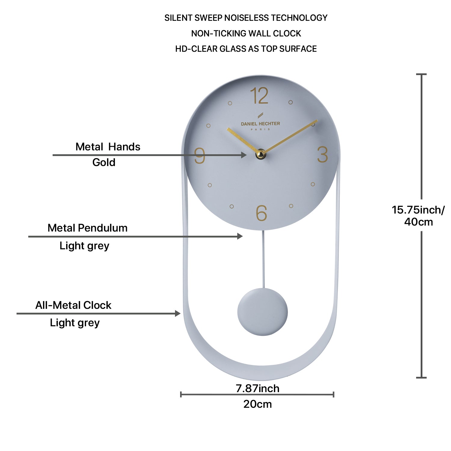 Daniel Hechter Paris Wall Clock, Silent Sweep Non-Ticking Quartz Movement, Grey Dial, Oval All-Metal Frame,Metal Pendulum - DHCL1006-33