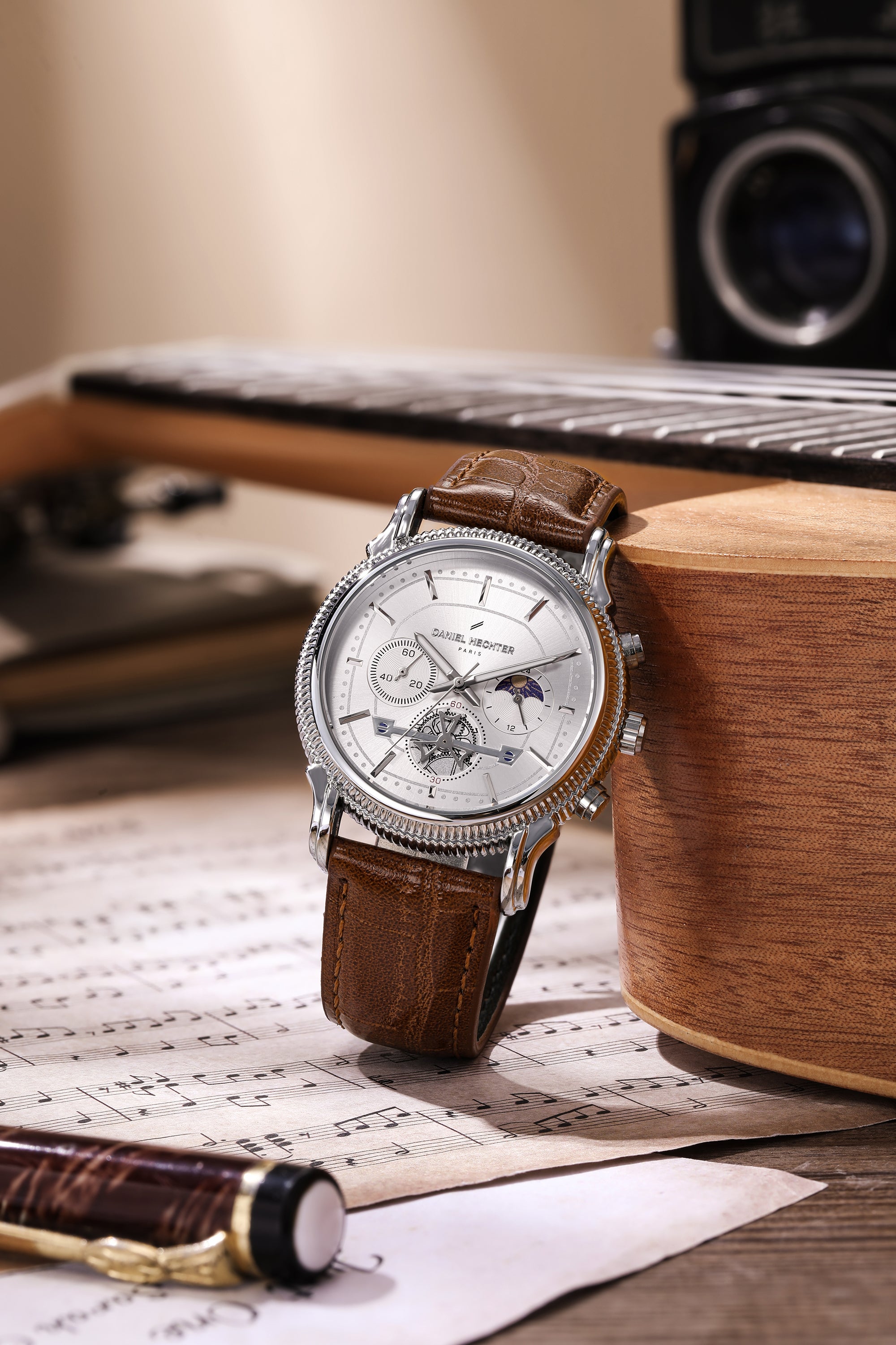 Daniel Hechter Paris Analog Quartz Watch for Men with Silver Round Dial, Day/Night Indicator, Small Seconds Sub-Dials and Brown Leather Strap - DHM1054-04