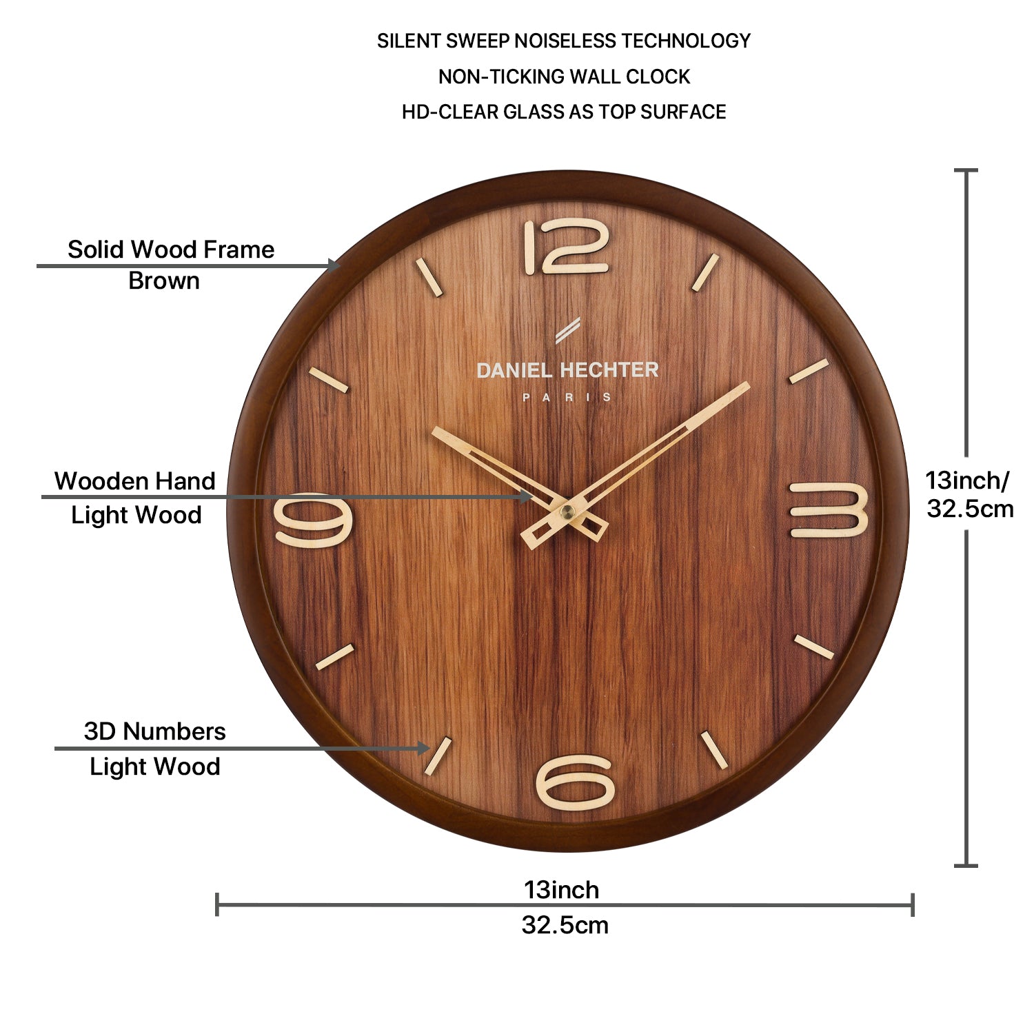 Daniel Hechter Paris Wall Clock, Silent Sweep Non-Ticking Quartz Movement,Wood-Grain Dial, Brown Wooden Frame - DHCL1005-11