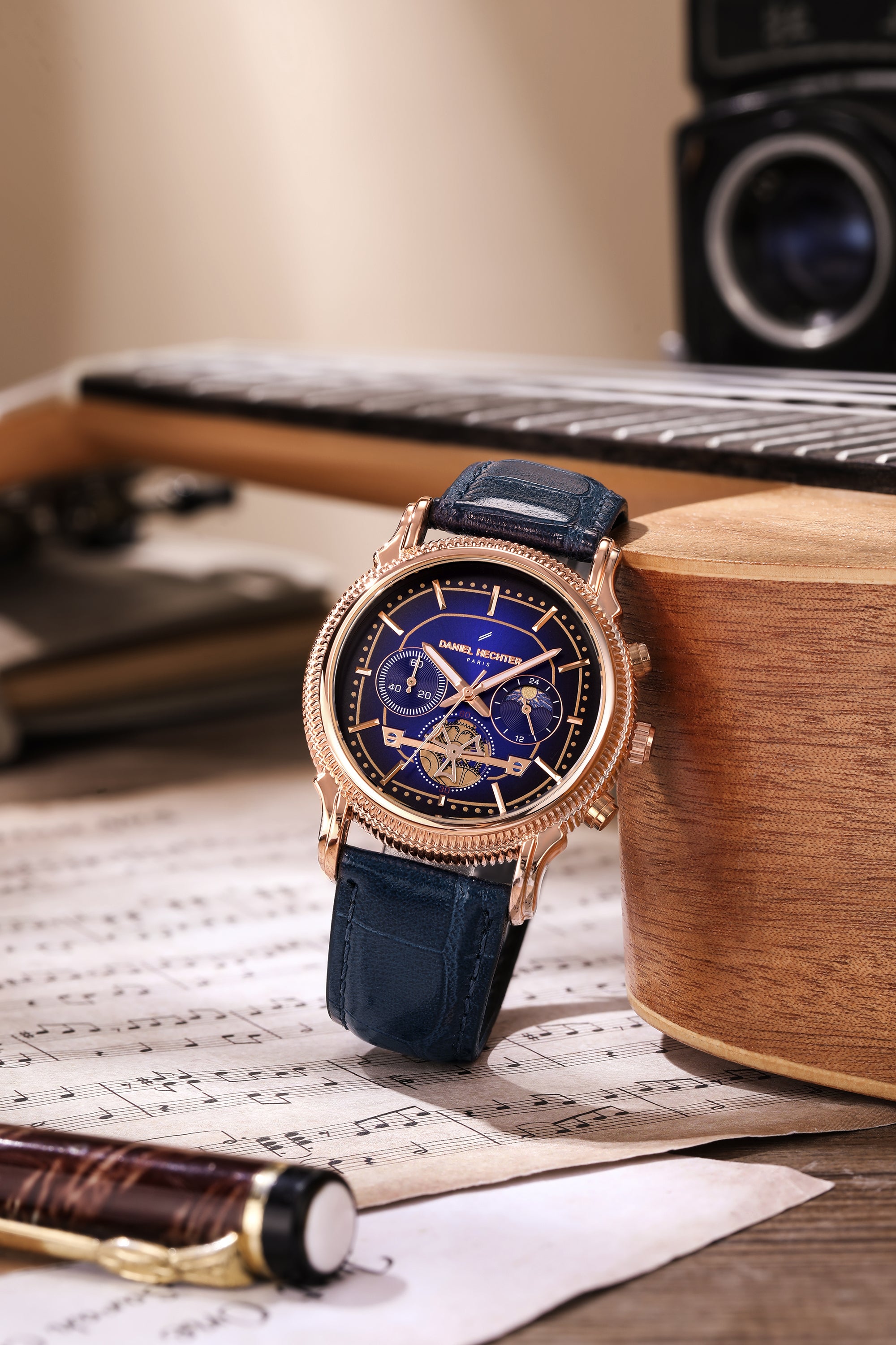 Daniel Hechter Paris Analog Quartz Watch for Men with Blue Round Dial, Day/Night Indicator, Small Seconds Sub-Dials and Blue Leather Strap - DHM1054-02