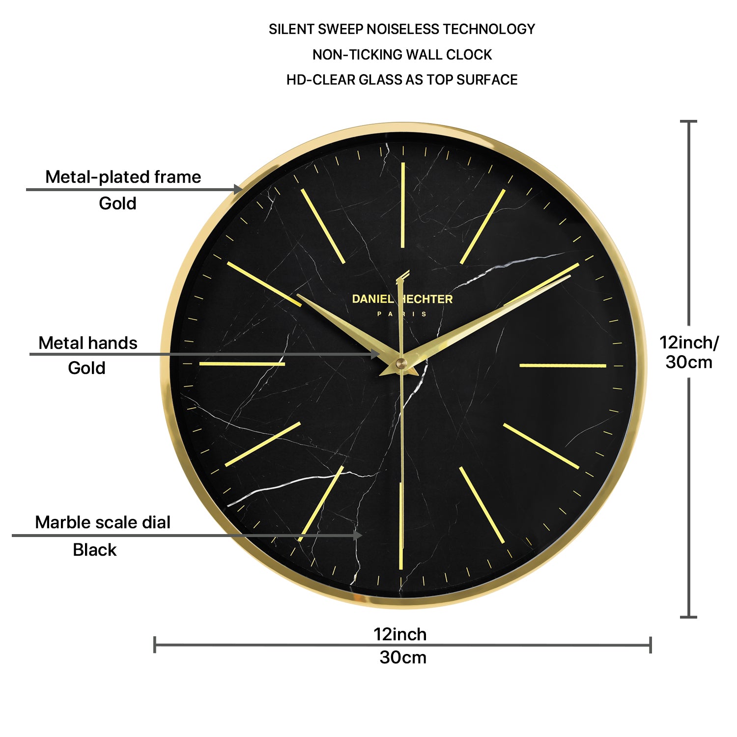 Daniel Hechter Paris Wall Clock, Silent Sweep Non-Ticking Quartz Movement, Black Marble Dial, Gold Metal Frame, Metal Hands - DHCL1001-11