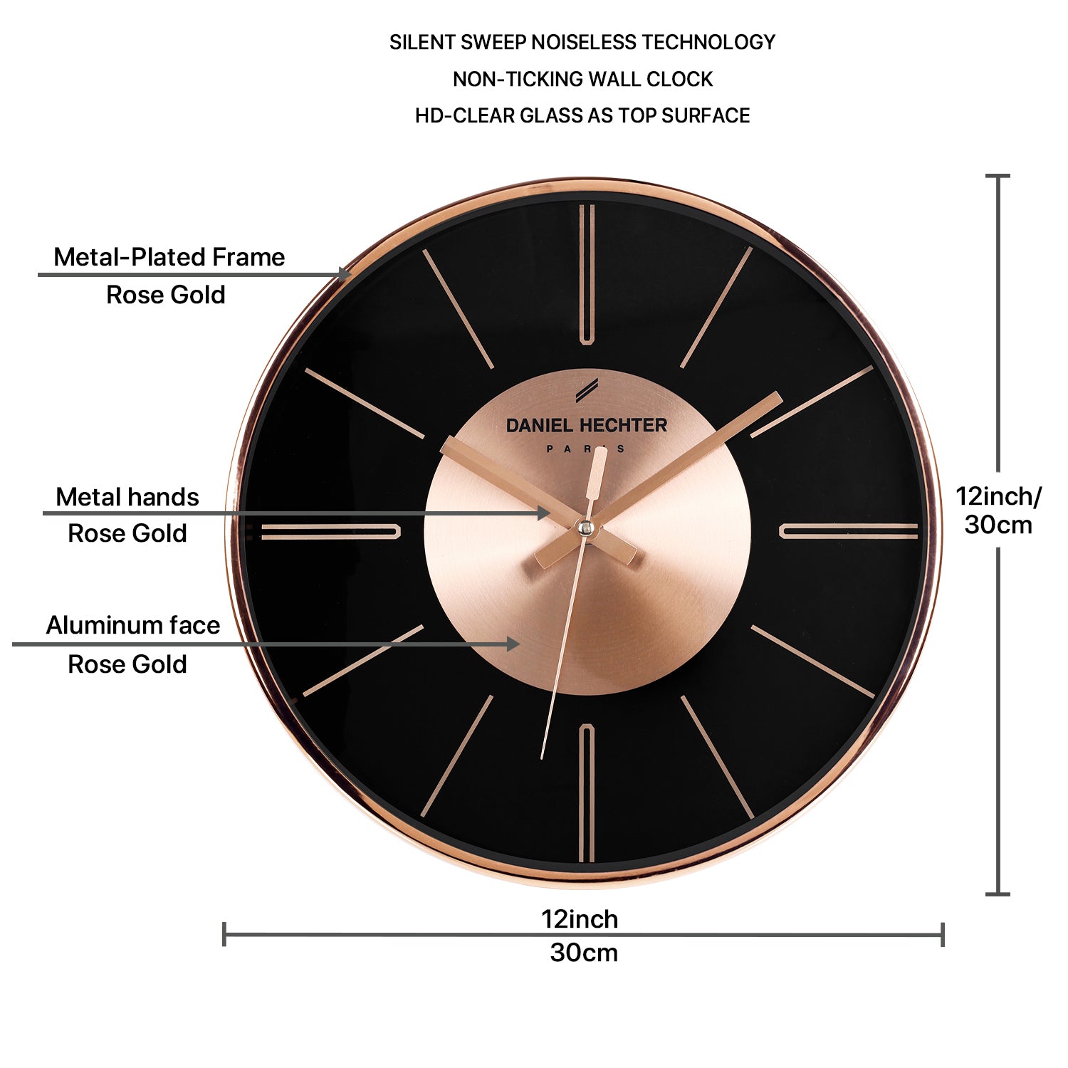 Daniel Hechter Paris Wall Clock, Silent Sweep Non-Ticking Quartz Movement,Black Dial, Rose Gold Aluminum Face & Metal Frame - DHCL1004-11