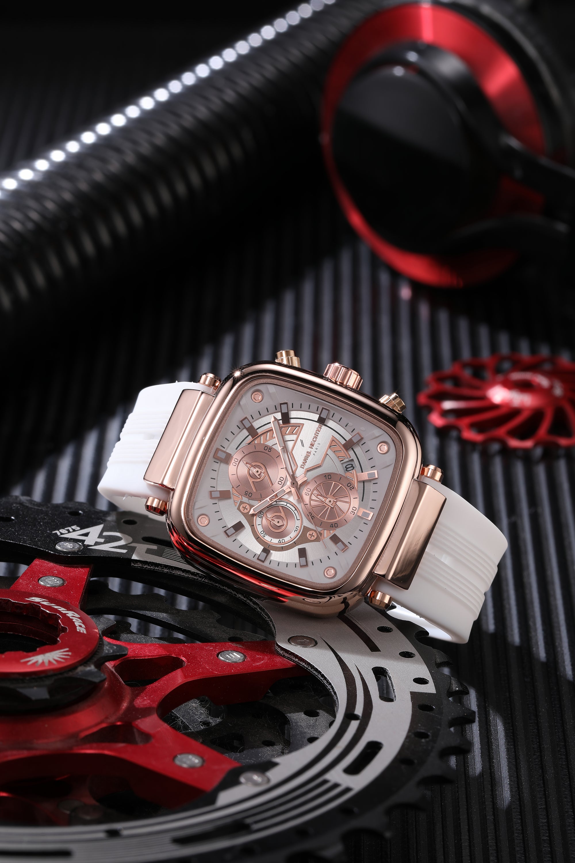 Daniel Hechter Paris Chronograph Analog Quartz Watch for Men with White/RoseGold Square Dial, Luminous Hands & Baton Hour Markers and White Silicone Strap - DHM1055-02
