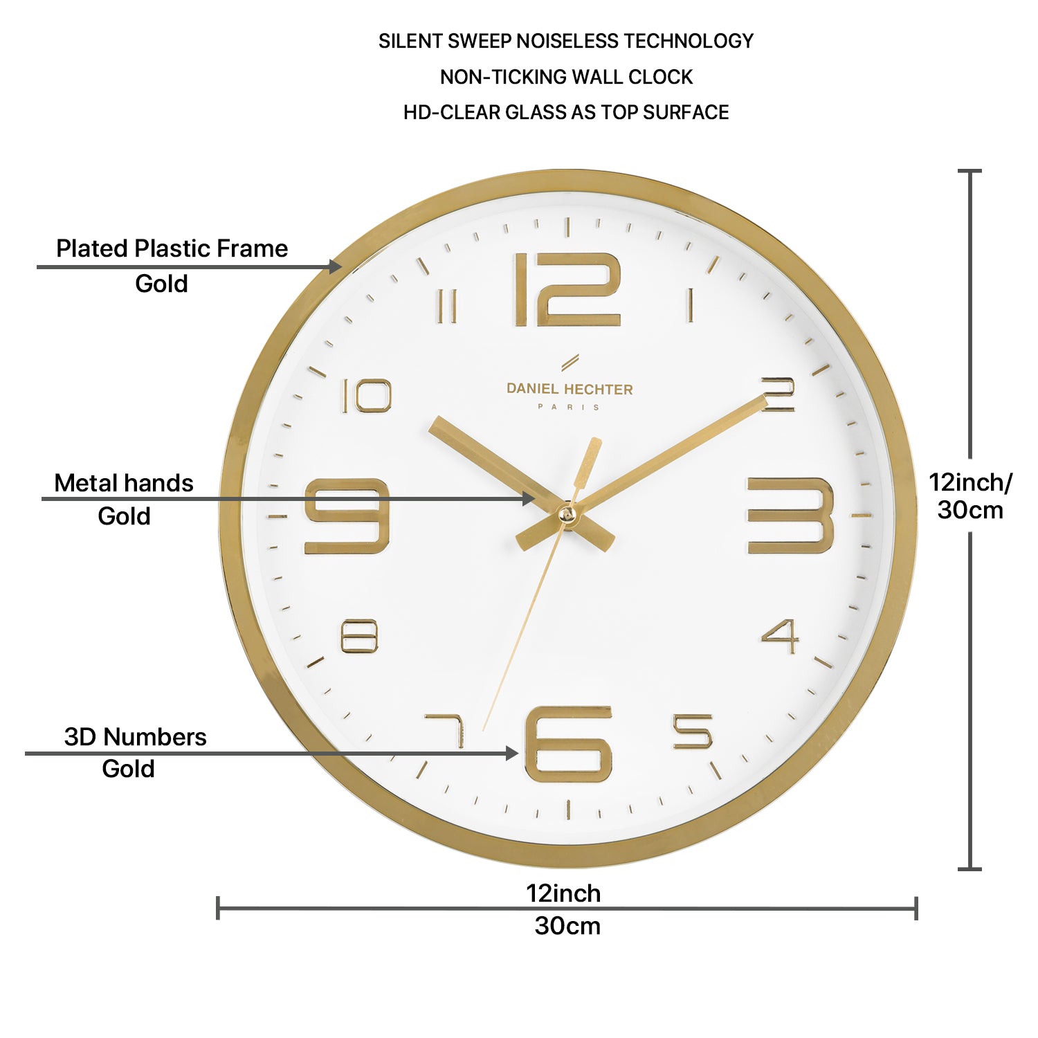 Daniel Hechter Paris Wall Clock, Silent Sweep Non-Ticking Quartz Movement, White Dial, Gold Plastic Frame, 3D Numerals - DHCL1002-02