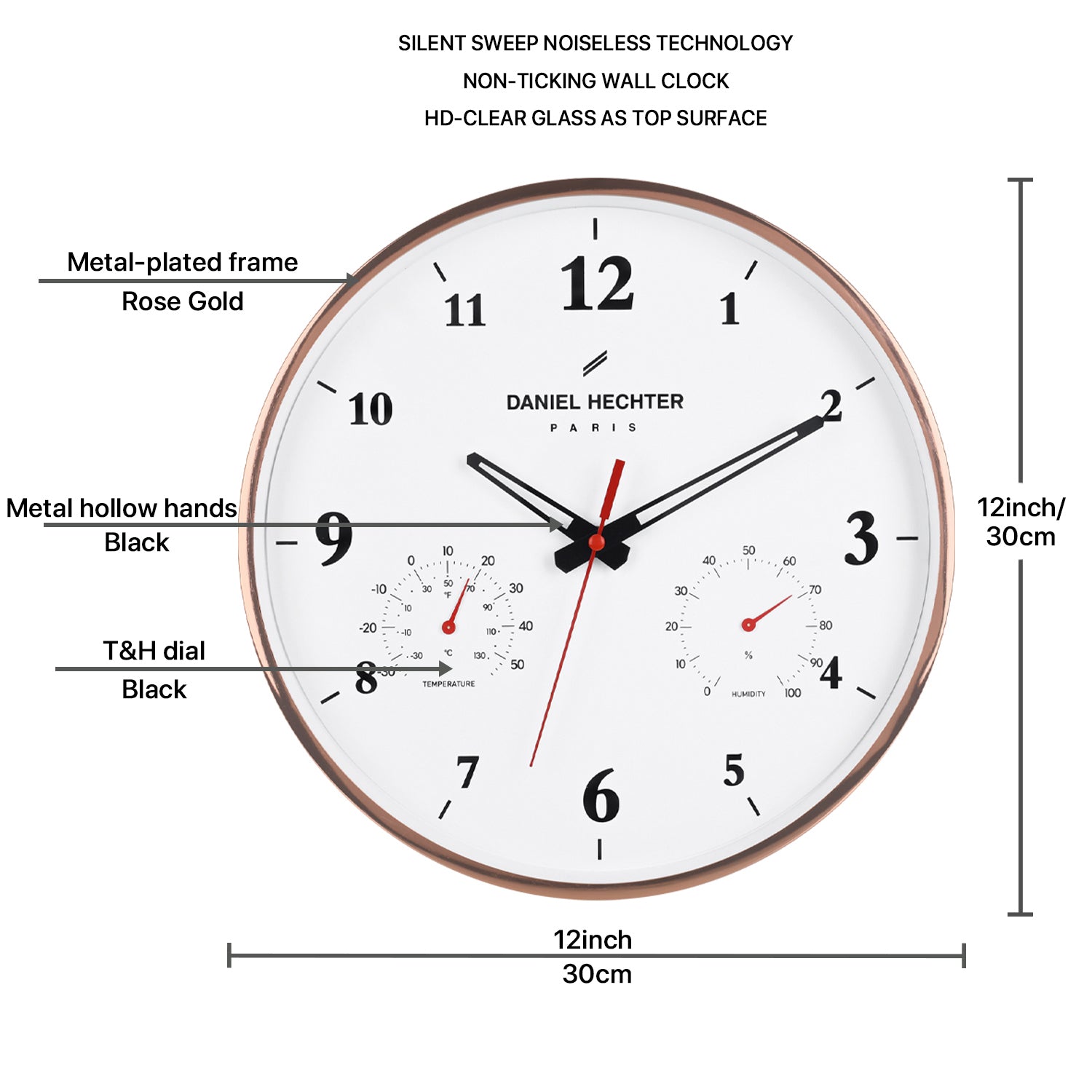 Daniel Hechter Paris Wall Clock, Silent Sweep Non-Ticking Quartz Movement, Temperature & Humidity Display, White Dial, Metal Frame - DHCL1002-22