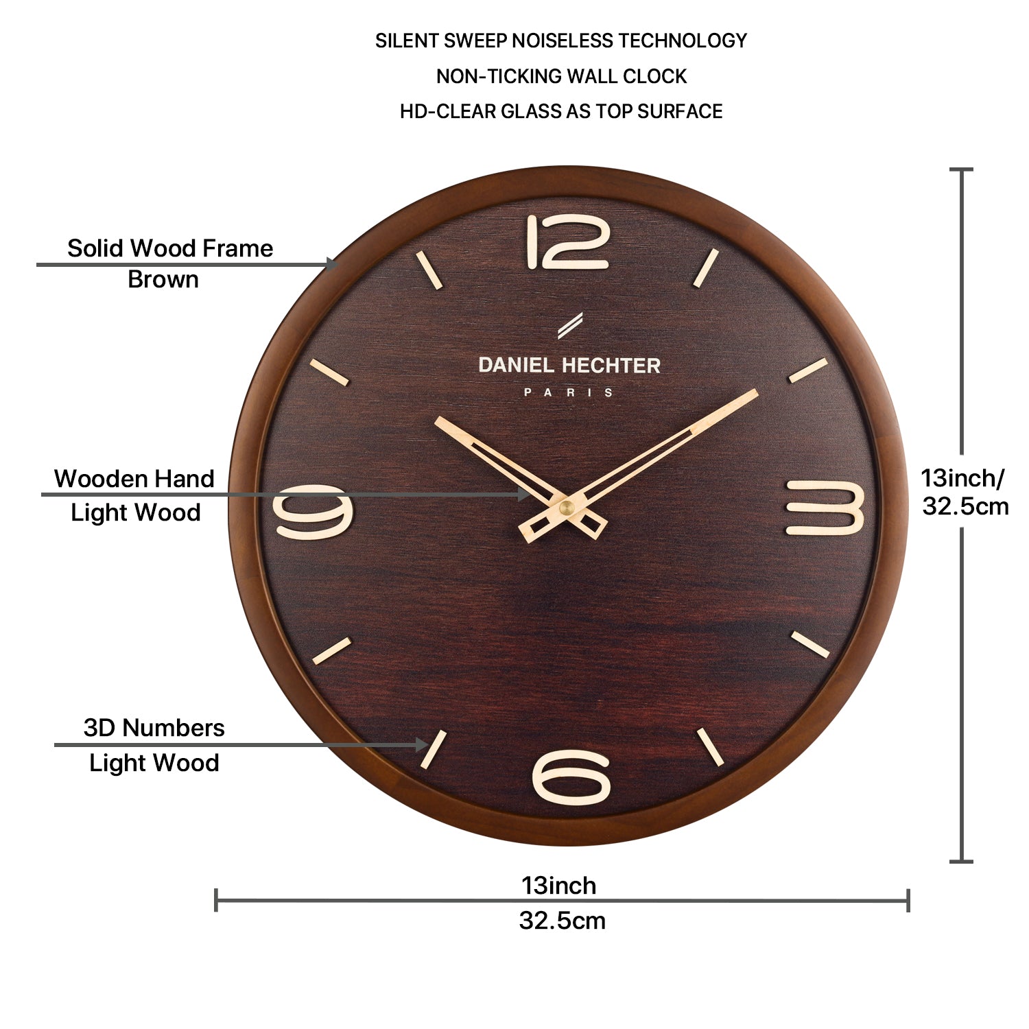 Daniel Hechter Paris Wall Clock, Silent Sweep Non-Ticking Quartz Movement,Wood-Grain Dial, Brown Wooden Frame - DHCL1005-22