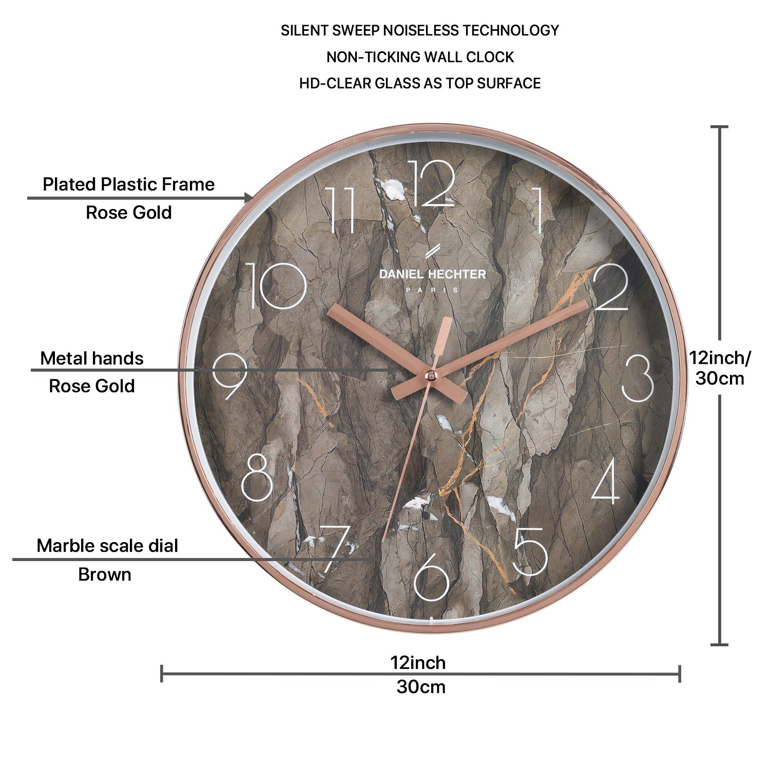 Daniel Hechter Paris Wall Clock, Silent Sweep Non-Ticking Quartz Movement,  Brown Marble Dial, Rose Gold Plastic Frame - DHCL1003-02
