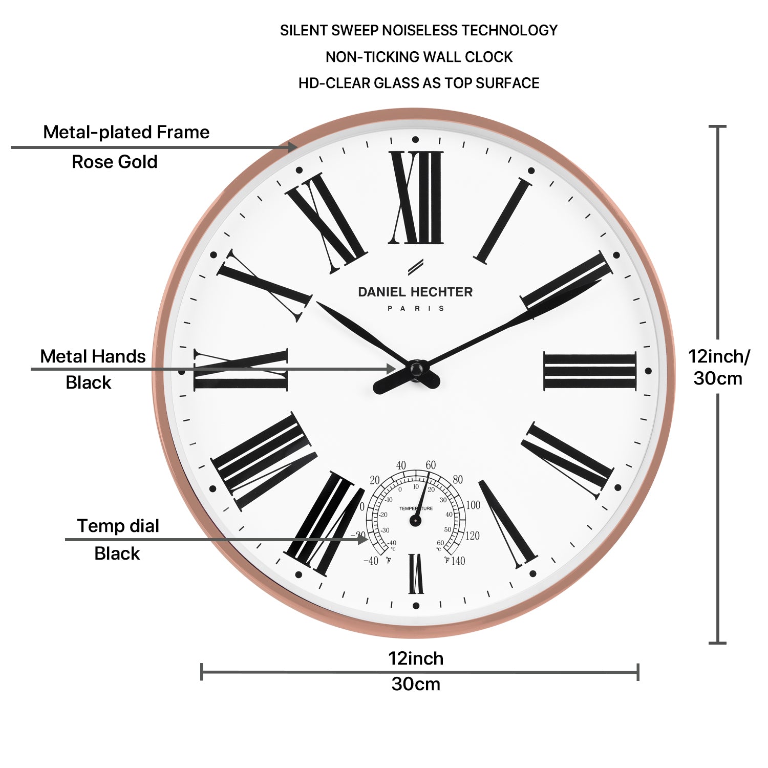 Daniel Hechter Paris Wall Clock, Silent Sweep Non-Ticking Quartz Movement, Temperature Display, White Dial, Rose Gold Metal Frame - DHCL1003-11