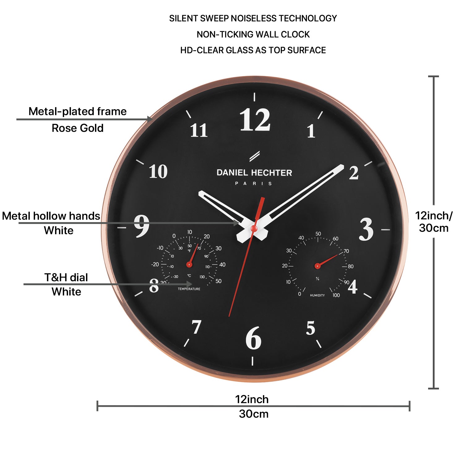 Daniel Hechter Paris Wall Clock, Silent Sweep Non-Ticking Quartz Movement, Temperature & Humidity Display, Black Dial, Metal Frame - DHCL1002-11