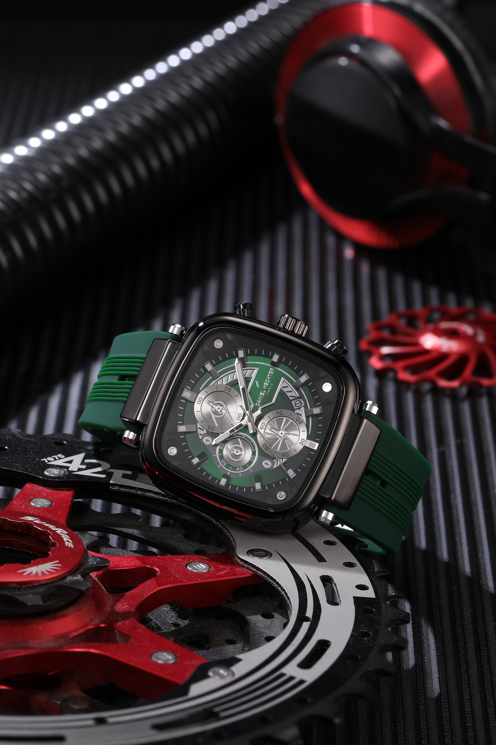 Daniel Hechter Paris Chronograph Analog Quartz Watch for Men with Black/Green Square Dial, Luminous Hands & Baton Hour Markers and Green Silicone Strap - DHM1055-03