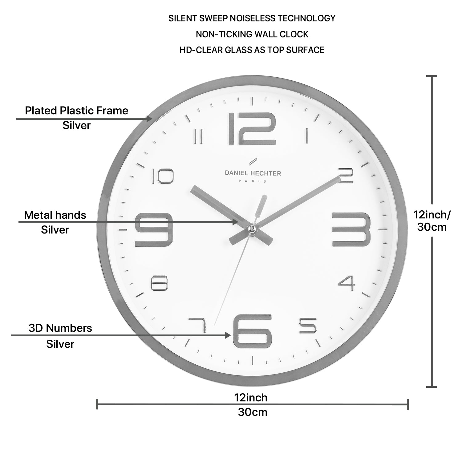 Daniel Hechter Paris Wall Clock, Silent Sweep Non-Ticking Quartz Movement, White Dial, Silver Plastic Frame, 3D Numerals - DHCL1002-03