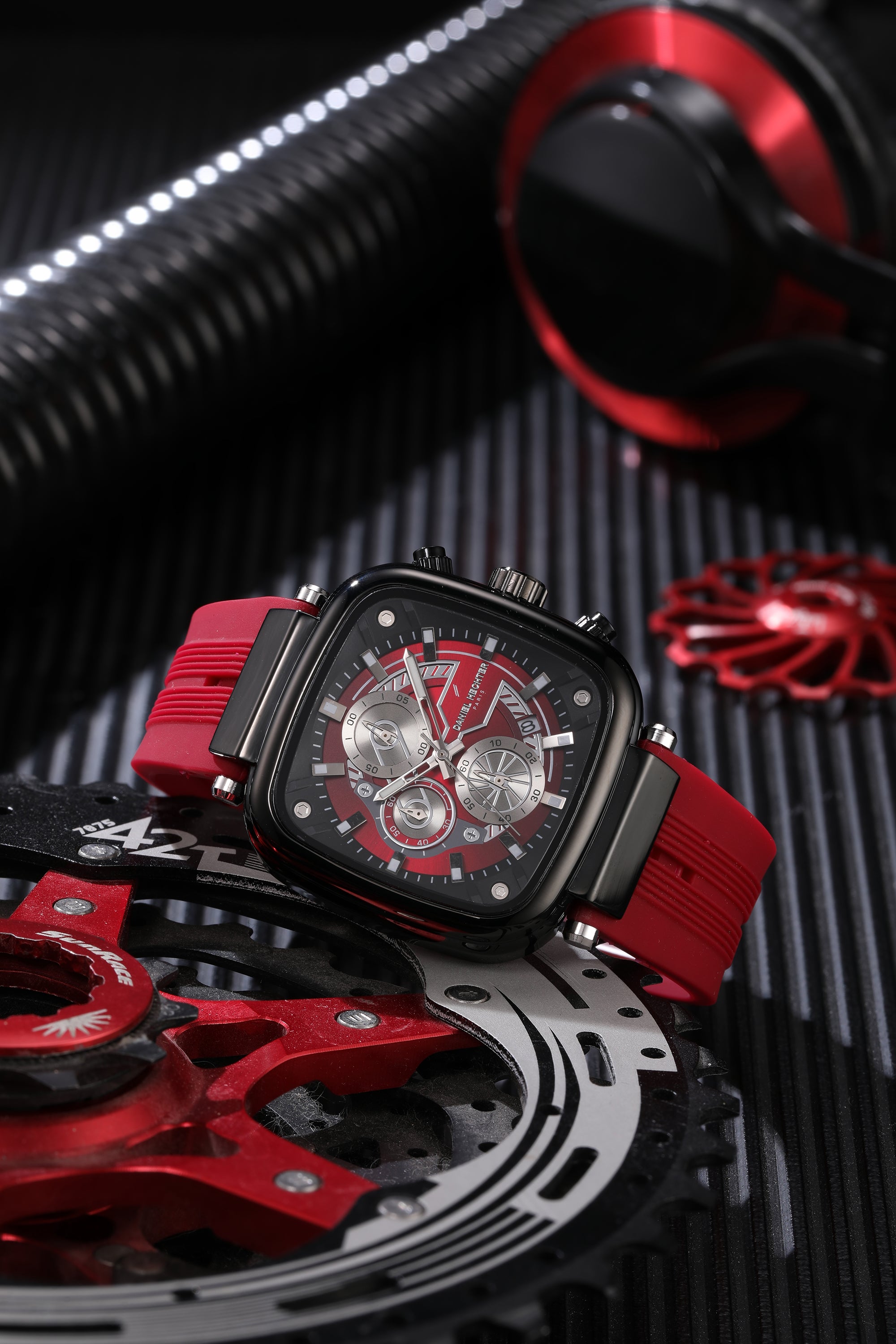 Daniel Hechter Paris Chronograph Analog Quartz Watch for Men with Black/Red Square Dial, Luminous Hands & Baton Hour Markers and Red Silicone Strap - DHM1055-04