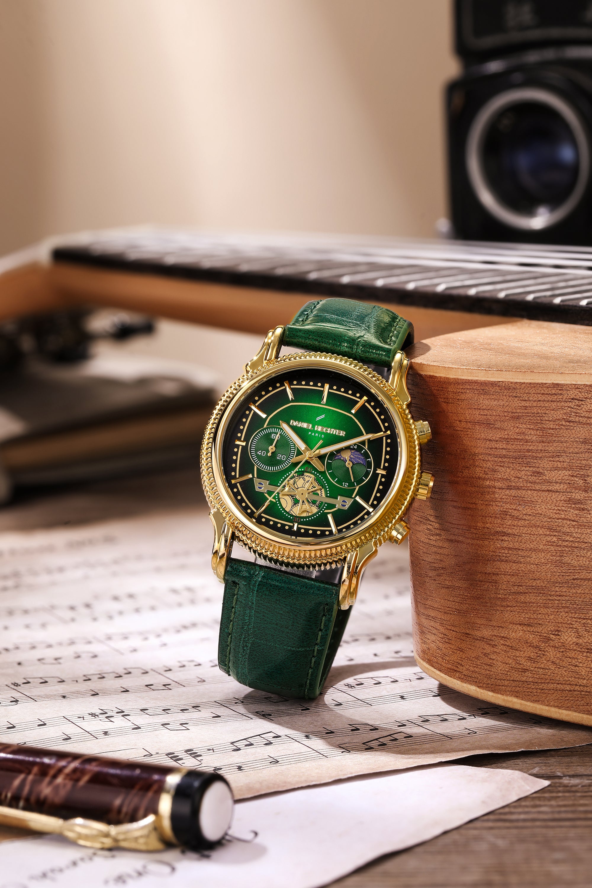Daniel Hechter Paris Analog Quartz Watch for Men with Green Round Dial, Day/Night Indicator, Small Seconds Sub-Dials and Green Leather Strap - DHM1054-03