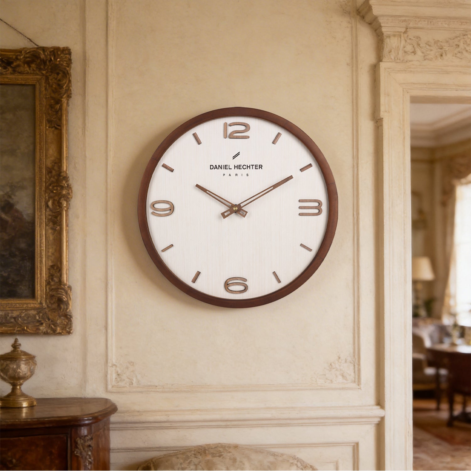 Daniel Hechter Paris Wall Clock, Silent Sweep Non-Ticking Quartz Movement, Wood-Grain Dial, Brown Wooden Frame - DHCL1005-33