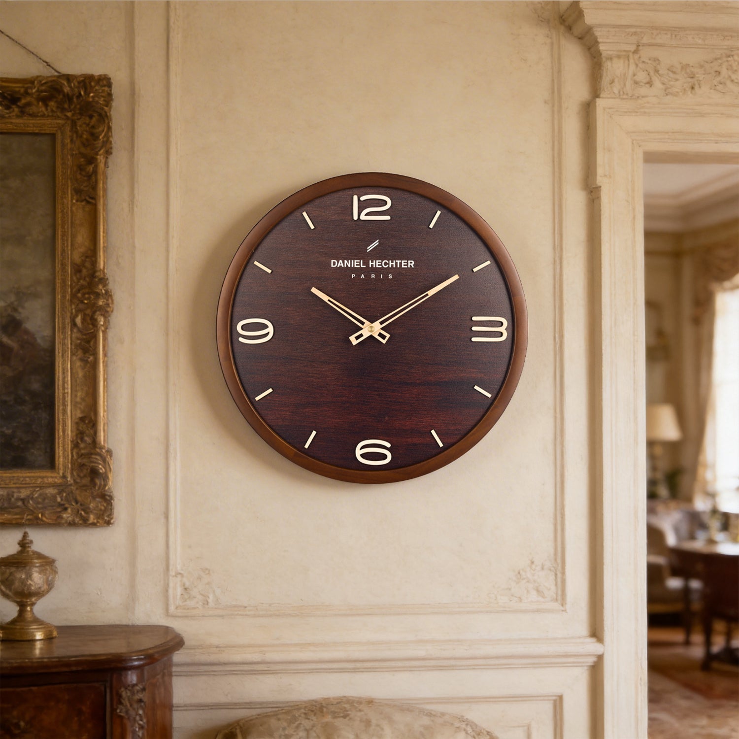 Daniel Hechter Paris Wall Clock, Silent Sweep Non-Ticking Quartz Movement,Wood-Grain Dial, Brown Wooden Frame - DHCL1005-22
