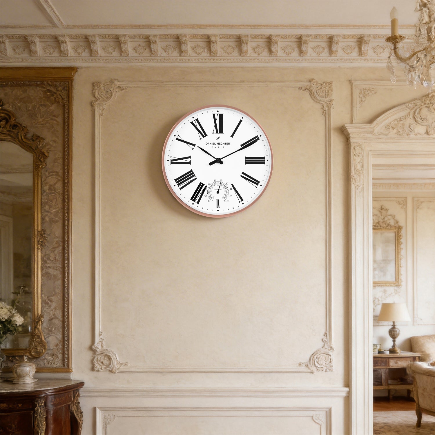 Daniel Hechter Paris Wall Clock, Silent Sweep Non-Ticking Quartz Movement, Temperature Display, White Dial, Rose Gold Metal Frame - DHCL1003-11