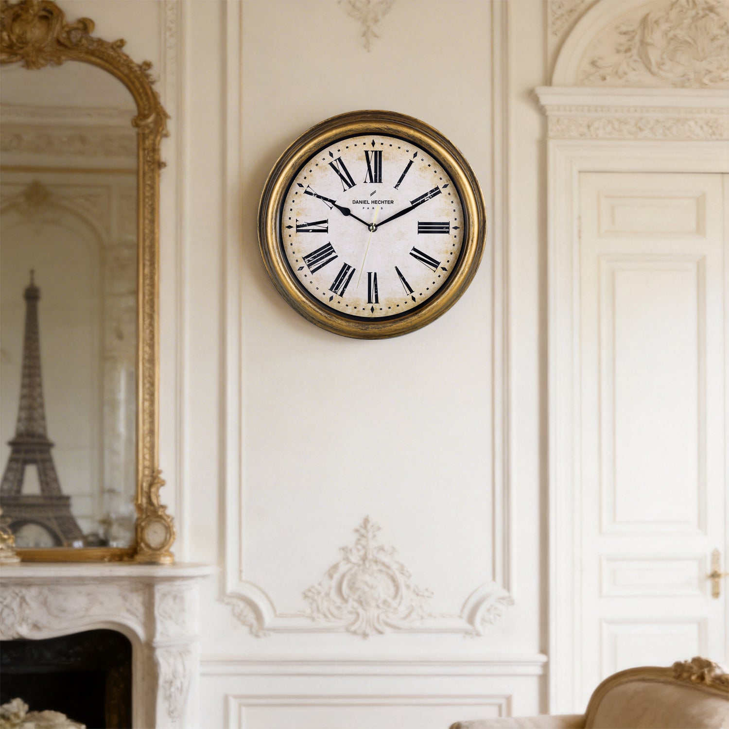 Daniel Hechter Paris Wall Clock, Silent Sweep Non-Ticking Quartz Movement, Vintage Dial, Gold Retro Plastic Frame - DHCL1005-02