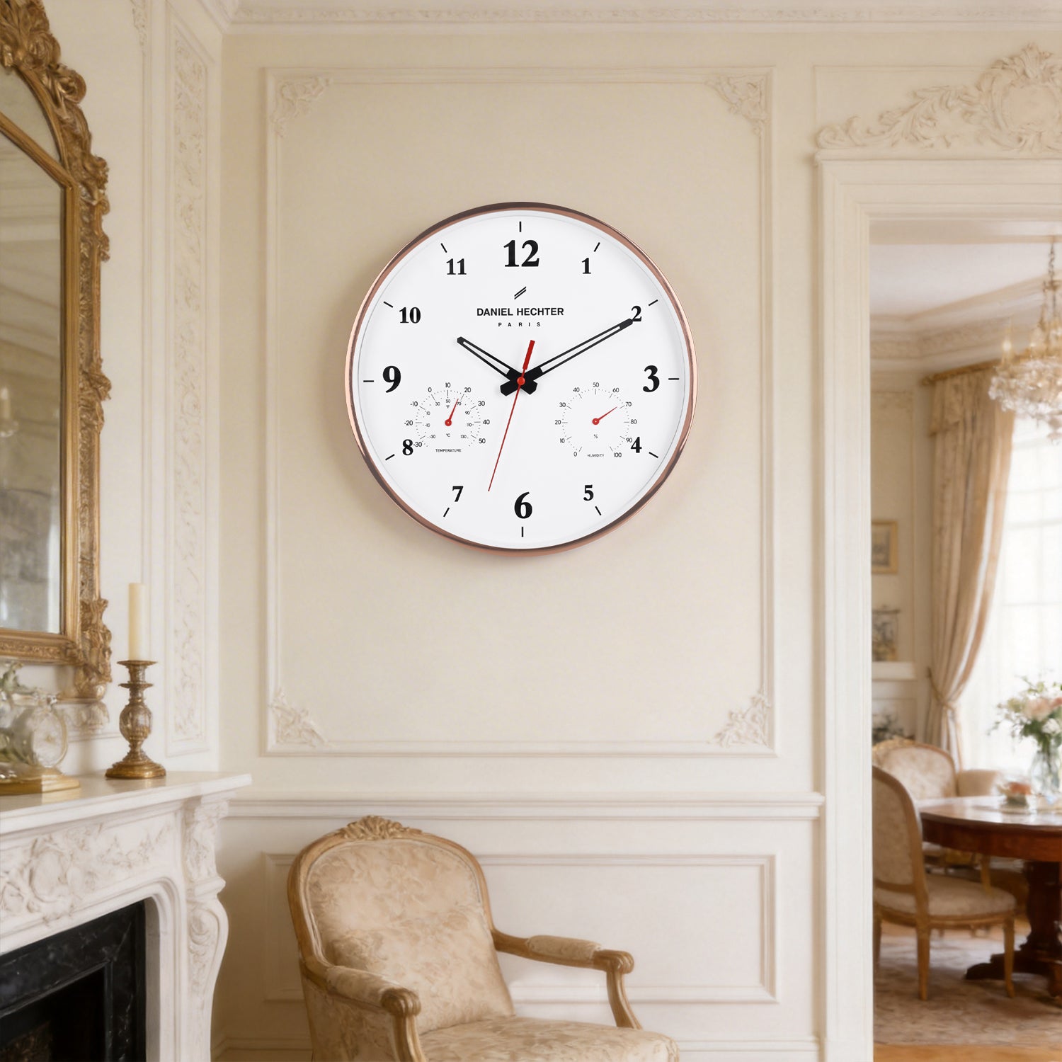 Daniel Hechter Paris Wall Clock, Silent Sweep Non-Ticking Quartz Movement, Temperature & Humidity Display, White Dial, Metal Frame - DHCL1002-22