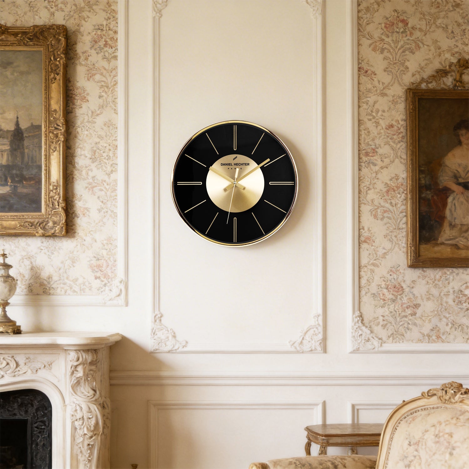 Daniel Hechter Paris Wall Clock, Silent Sweep Non-Ticking Quartz Movement, Black Dial, Gold Aluminum Face & Metal Frame - DHCL1004-22