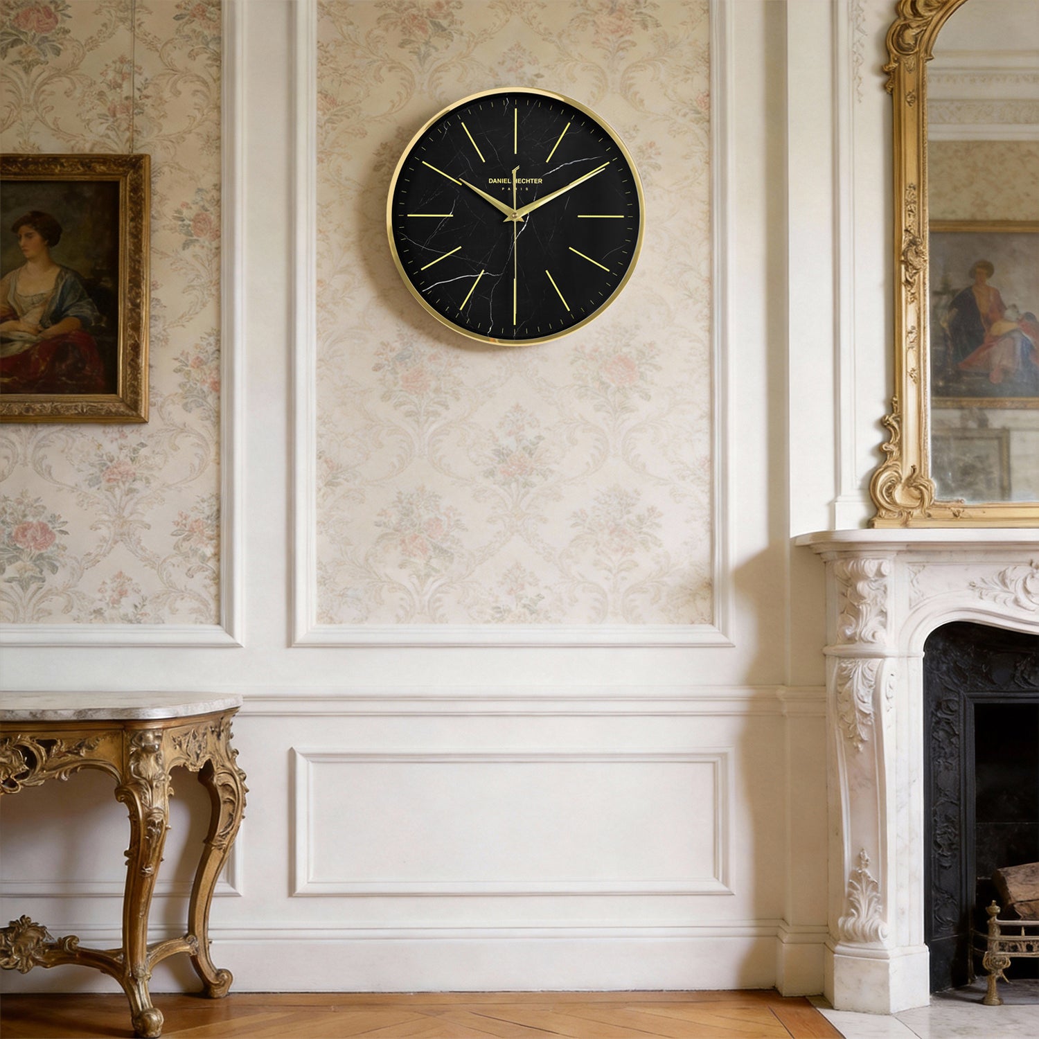 Daniel Hechter Paris Wall Clock, Silent Sweep Non-Ticking Quartz Movement, Black Marble Dial, Gold Metal Frame, Metal Hands - DHCL1001-11