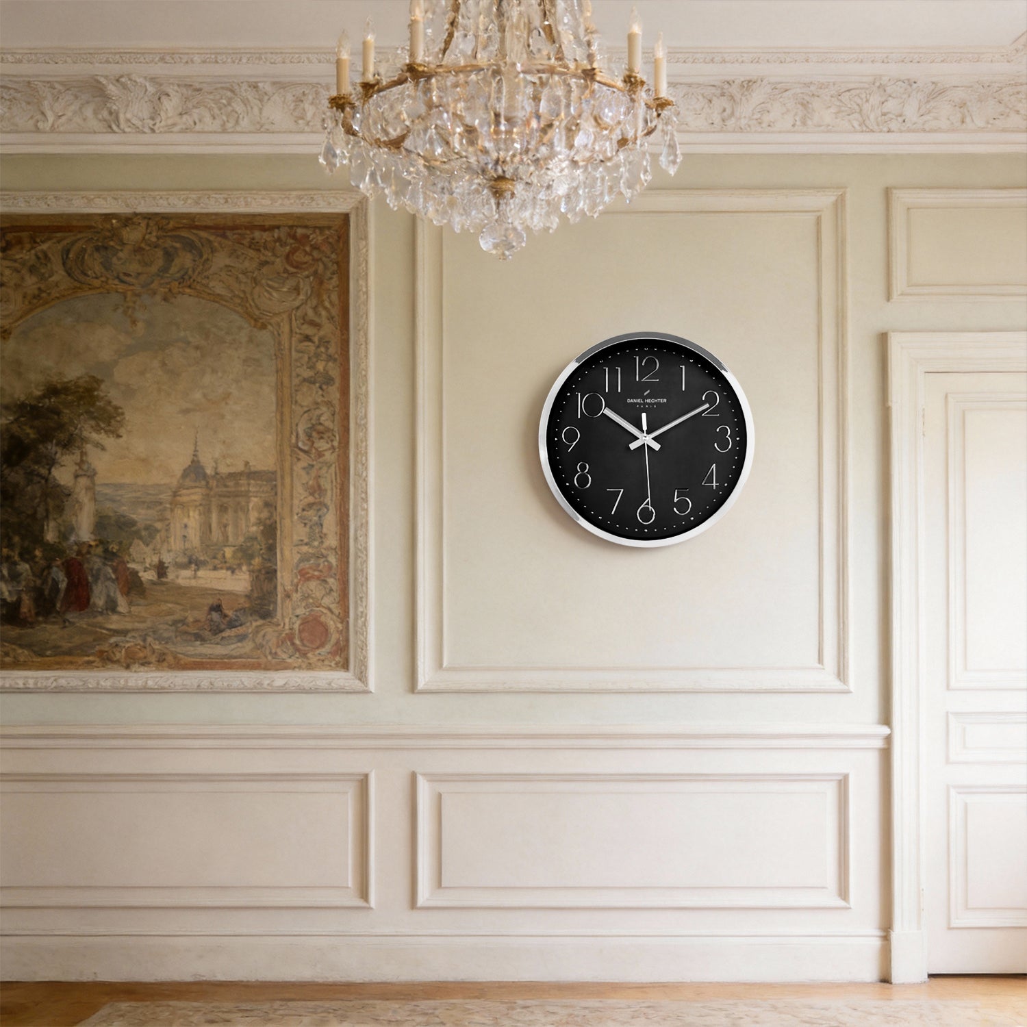 Daniel Hechter Paris Wall Clock, Silent Sweep Non-Ticking Quartz Movement, Black Dial, Silver Plastic Frame, 3D Numerals, Modern Decorative Clock for Home & Office - DHCL1001-03