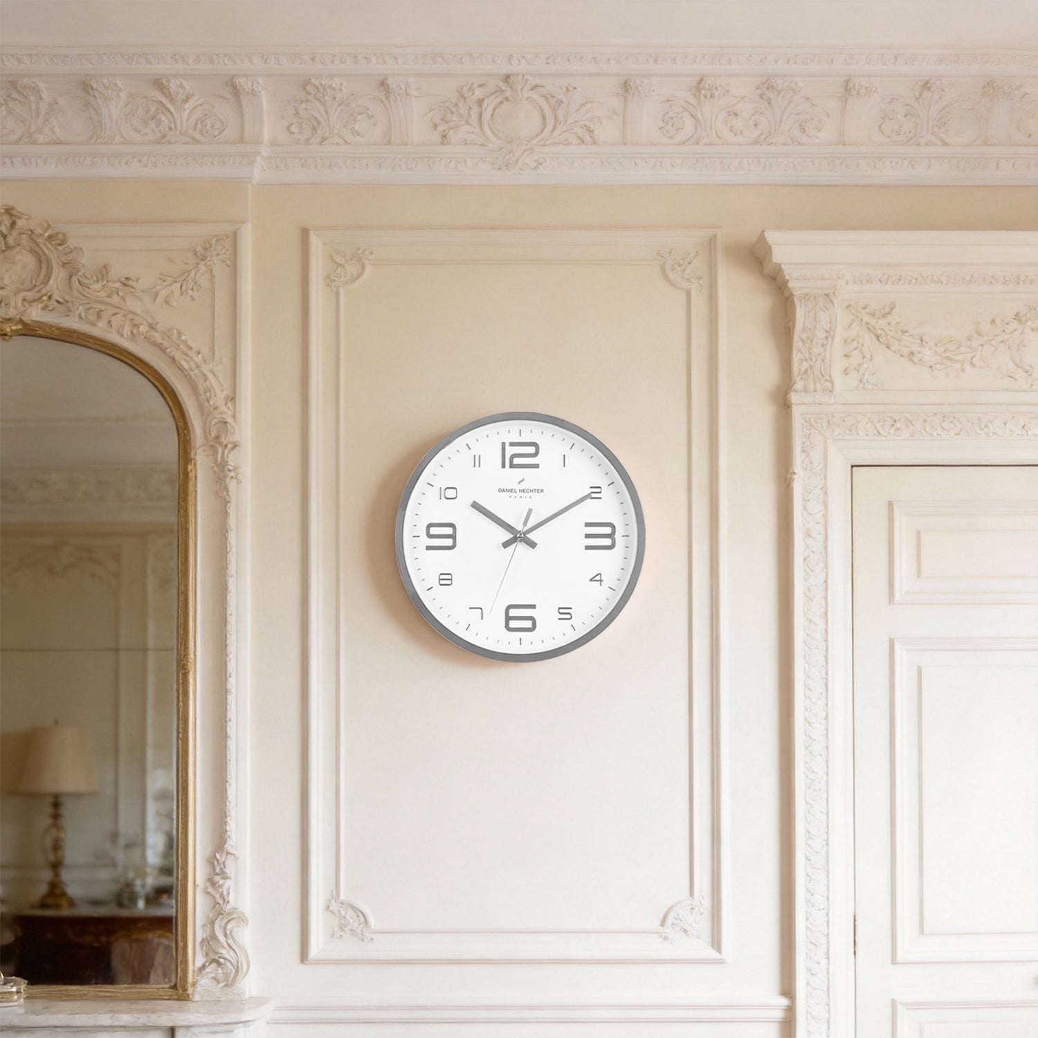 Daniel Hechter Paris Wall Clock, Silent Sweep Non-Ticking Quartz Movement, White Dial, Silver Plastic Frame, 3D Numerals - DHCL1002-03