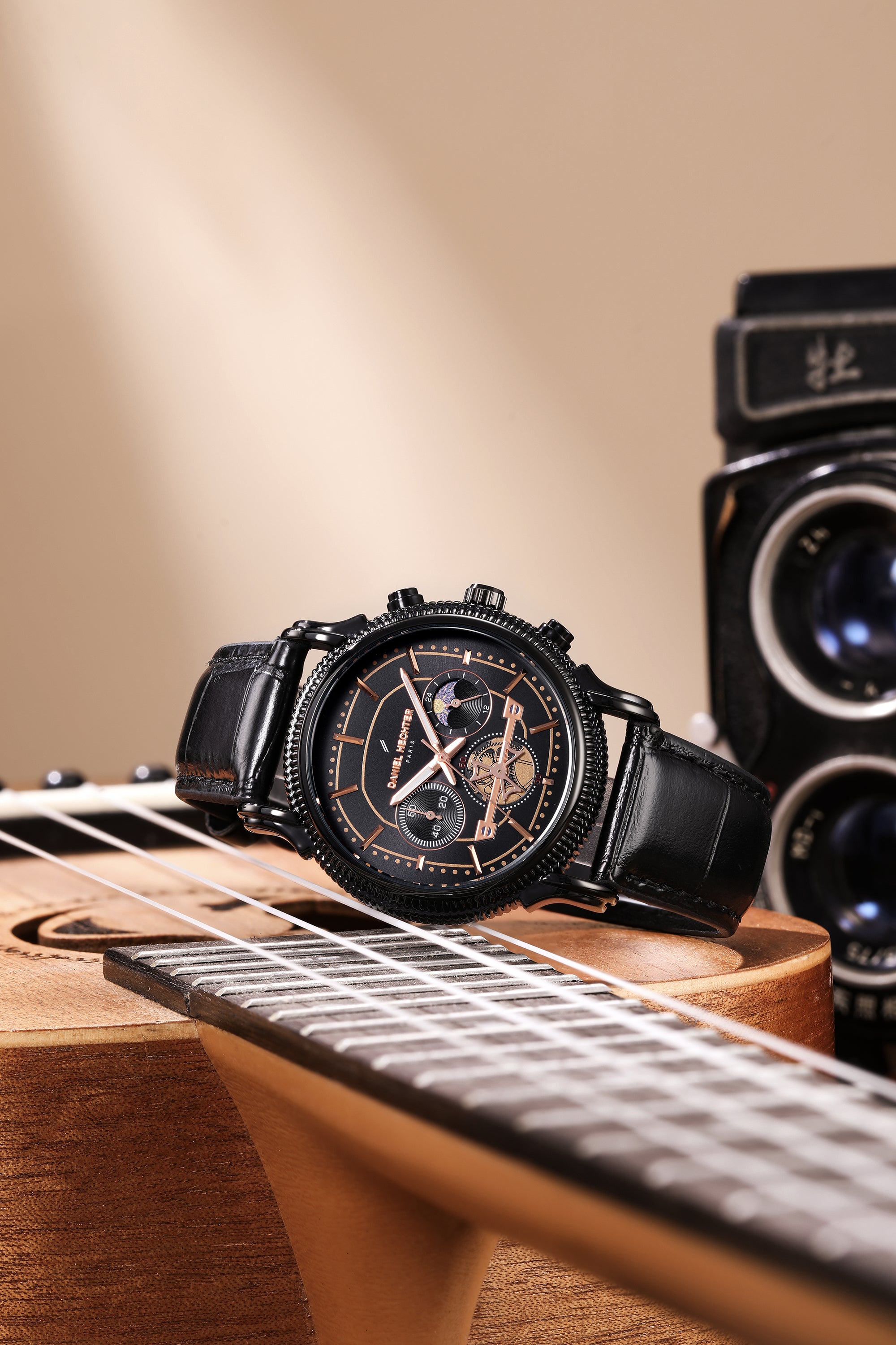 Daniel Hechter Paris Analog Quartz Watch for Men with Black Round Dial, Day/Night Indicator, Small Seconds Sub-Dials and Black Leather Strap - DHM1054-01