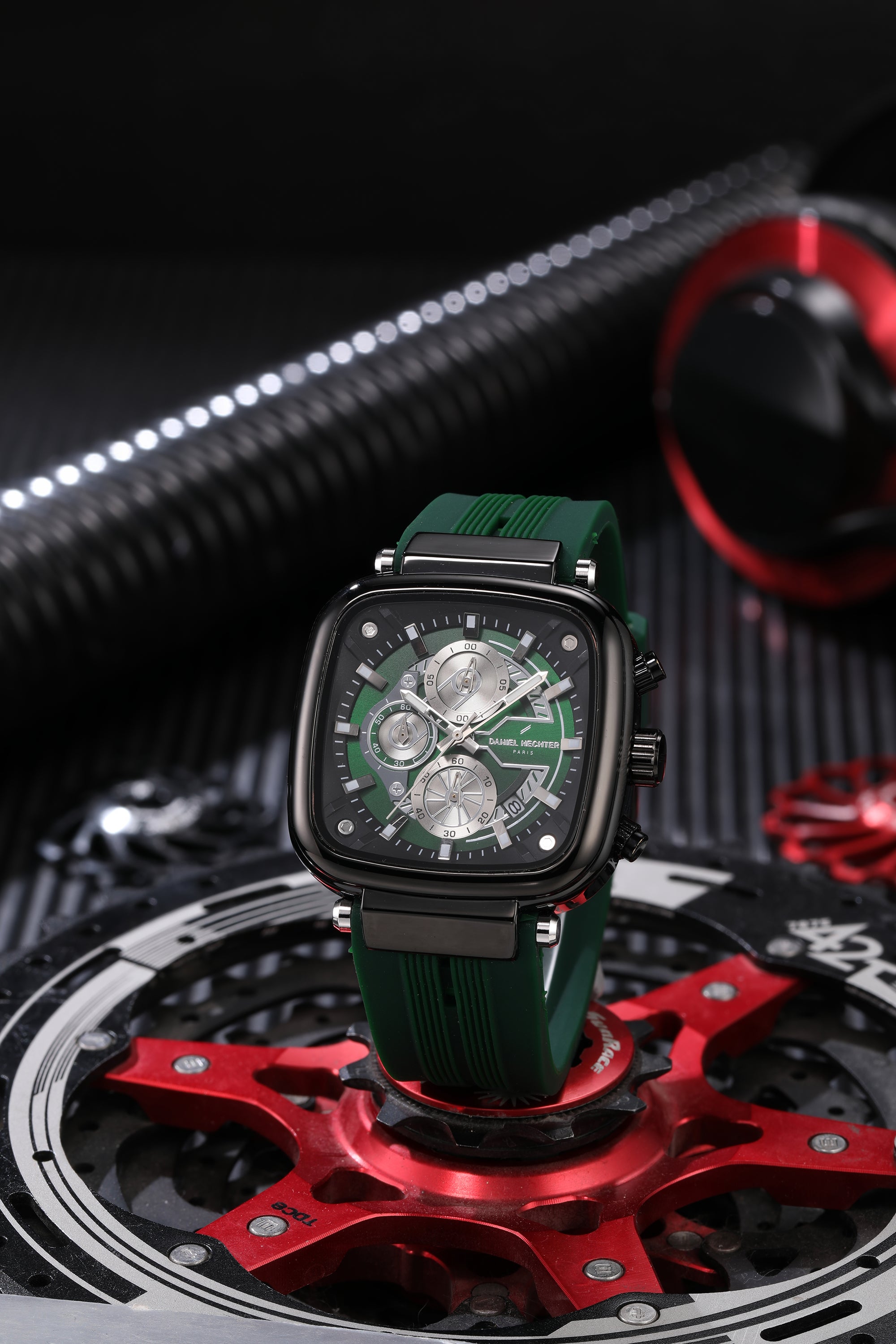 Daniel Hechter Paris Chronograph Analog Quartz Watch for Men with Black/Green Square Dial, Luminous Hands & Baton Hour Markers and Green Silicone Strap - DHM1055-03