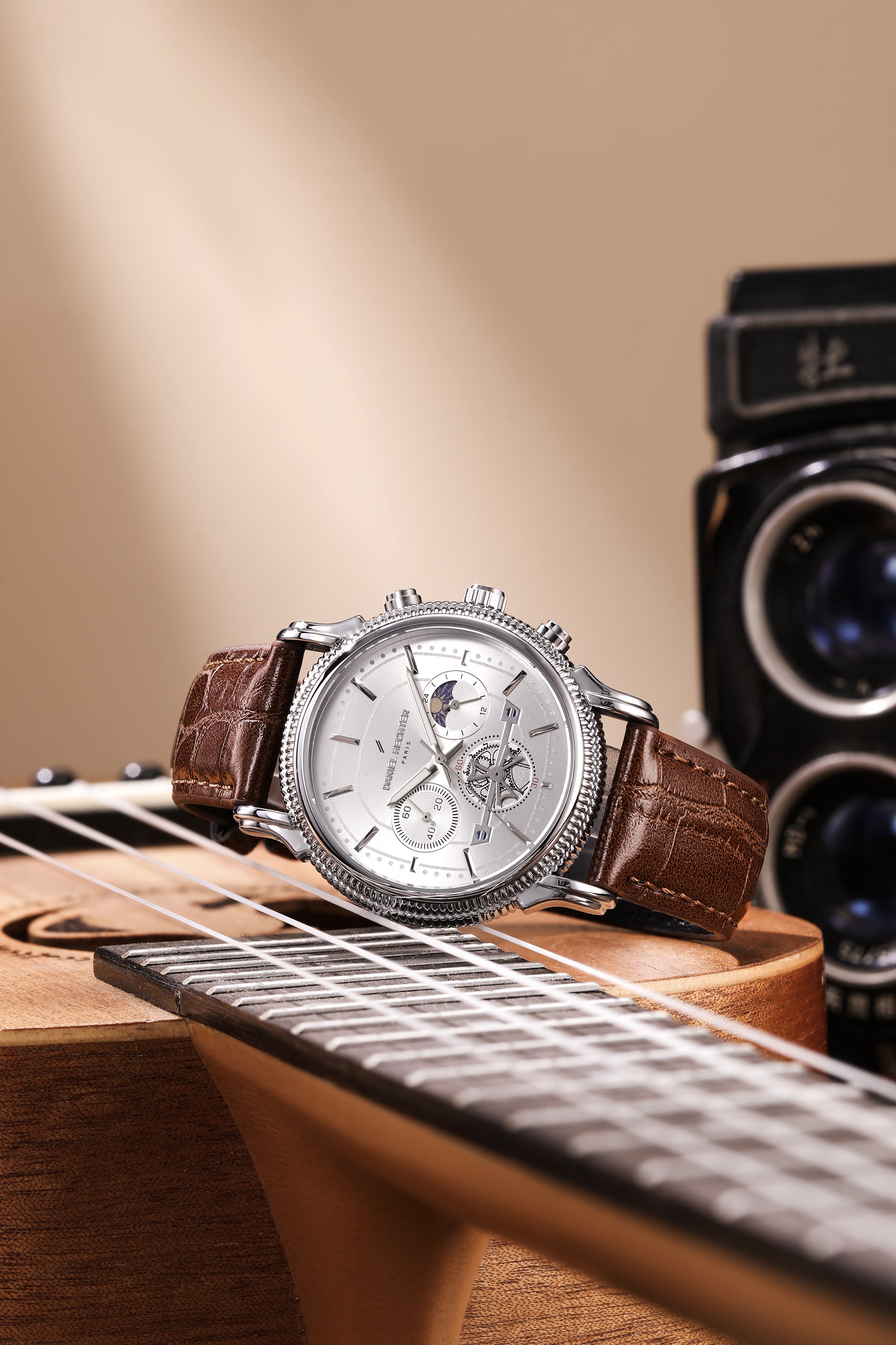 Daniel Hechter Paris Analog Quartz Watch for Men with Silver Round Dial, Day/Night Indicator, Small Seconds Sub-Dials and Brown Leather Strap - DHM1054-04