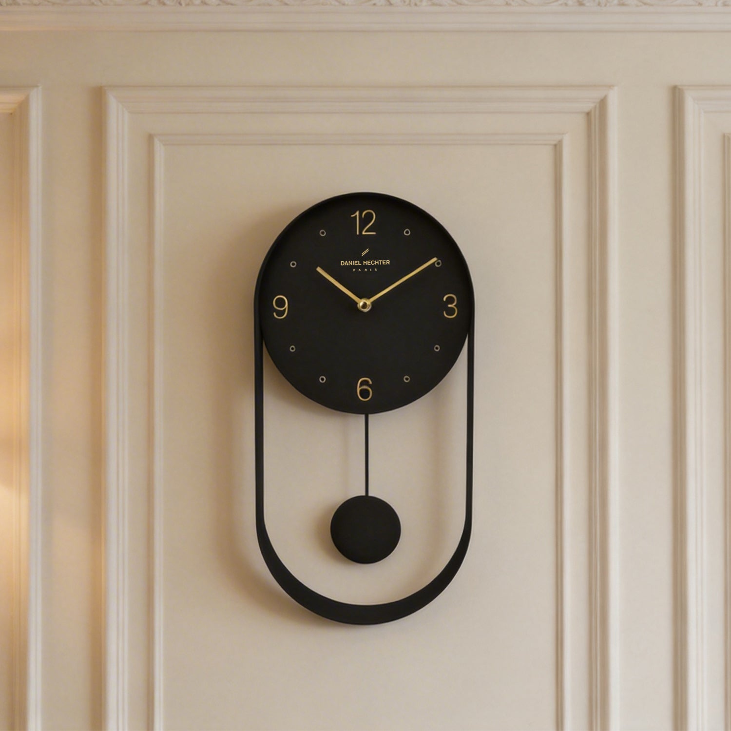 Daniel Hechter Paris Wall Clock, Silent Sweep Non-Ticking Quartz Movement, Black Dial, Oval All-Metal Frame,Metal Pendulum - DHCL1006-11