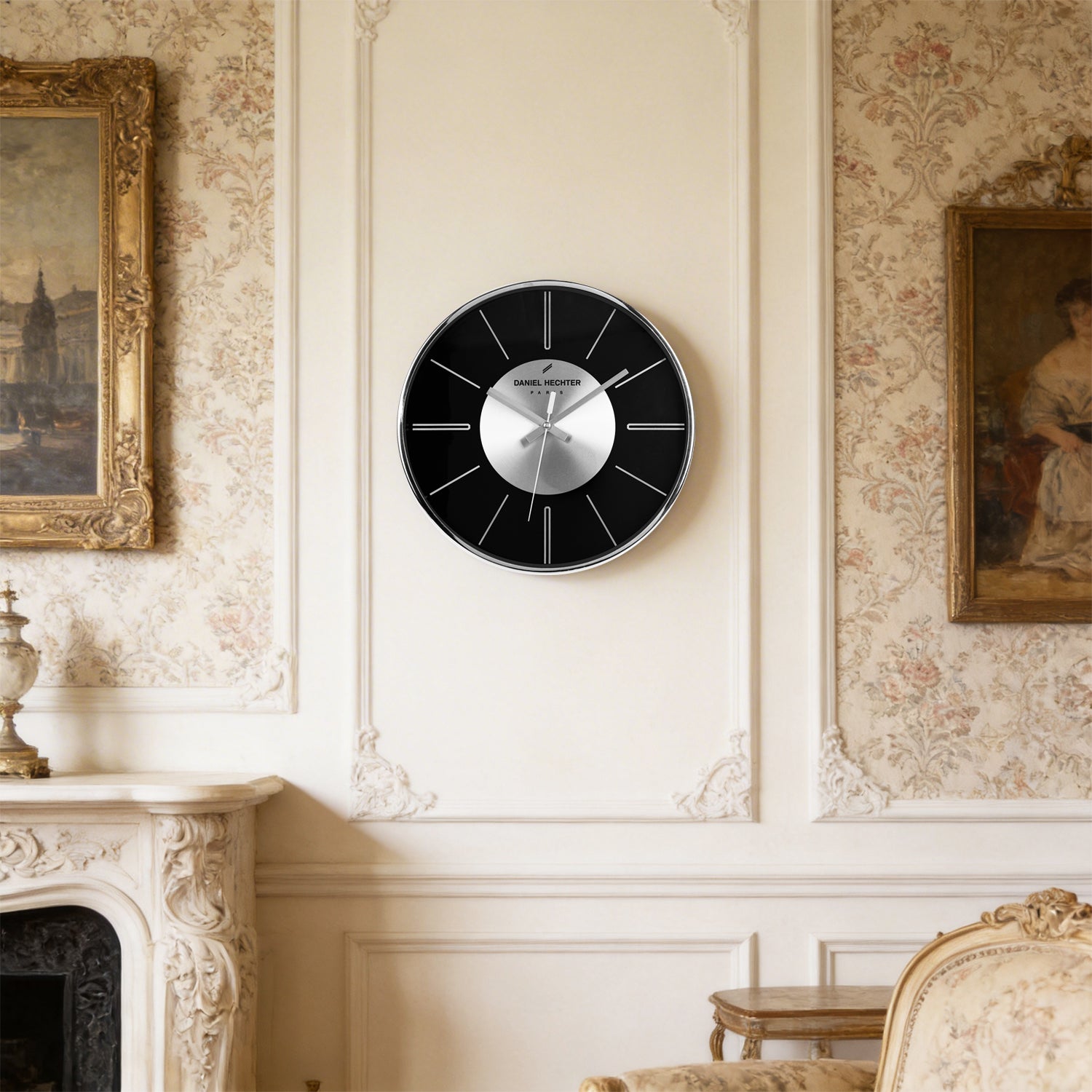 Daniel Hechter Paris Wall Clock, Silent Sweep Non-Ticking Quartz Movement, Black Dial, Silver Aluminum Face & Metal Frame - DHCL1004-33