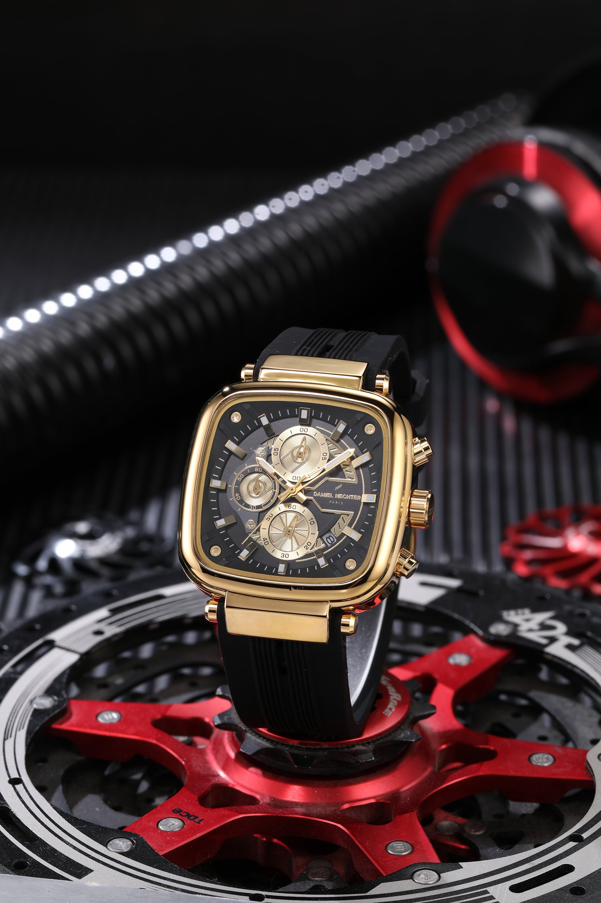 Daniel Hechter Paris Chronograph Analog Quartz Watch for Men with Black/Gold Square Dial, Luminous Hands & Baton Hour Markers and Black Silicone Strap - DHM1055-01
