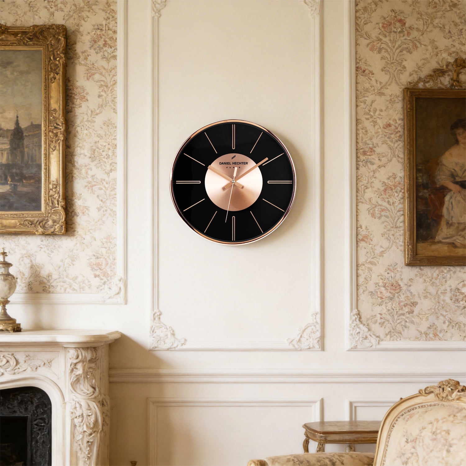 Daniel Hechter Paris Wall Clock, Silent Sweep Non-Ticking Quartz Movement,Black Dial, Rose Gold Aluminum Face & Metal Frame - DHCL1004-11