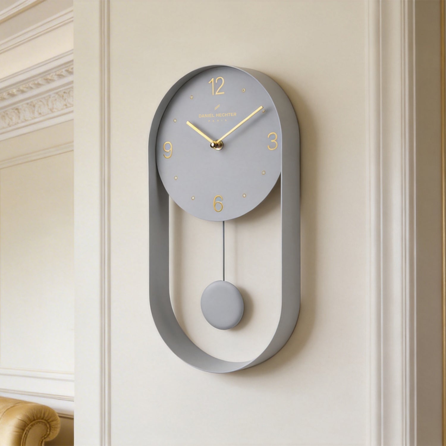 Daniel Hechter Paris Wall Clock, Silent Sweep Non-Ticking Quartz Movement, Grey Dial, Oval All-Metal Frame,Metal Pendulum - DHCL1006-33