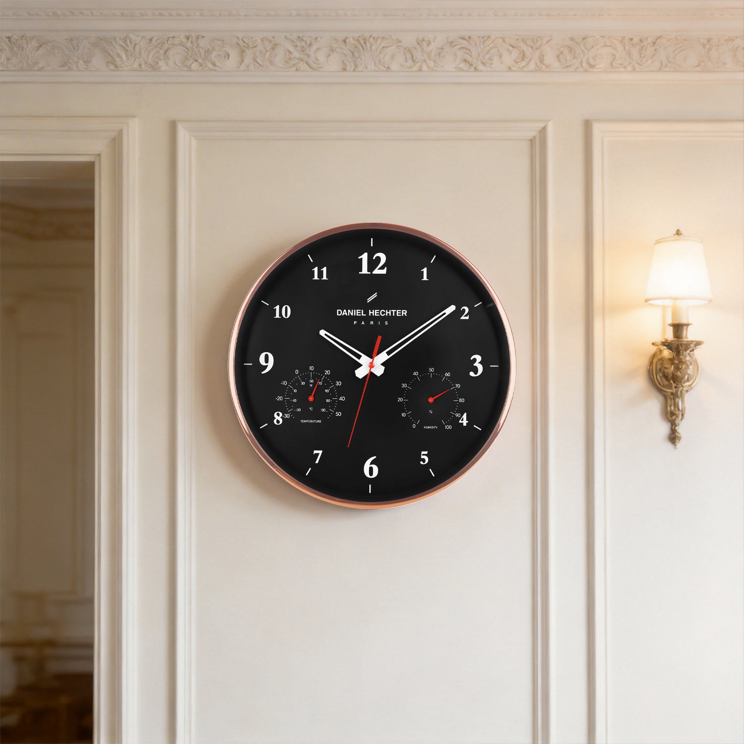 Daniel Hechter Paris Wall Clock, Silent Sweep Non-Ticking Quartz Movement, Temperature & Humidity Display, Black Dial, Metal Frame - DHCL1002-11