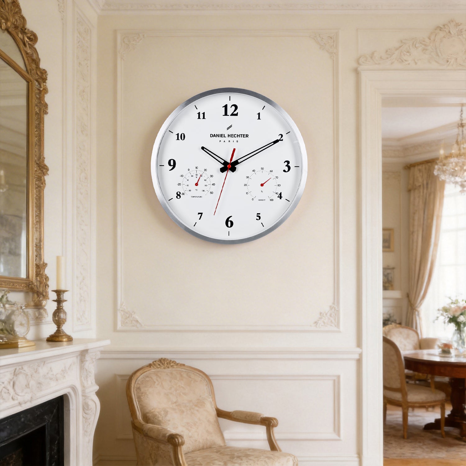 Daniel Hechter Paris Wall Clock, Silent Sweep Non-Ticking Quartz Movement, Temperature & Humidity Display, White Dial, Metal Frame - DHCL1002-33