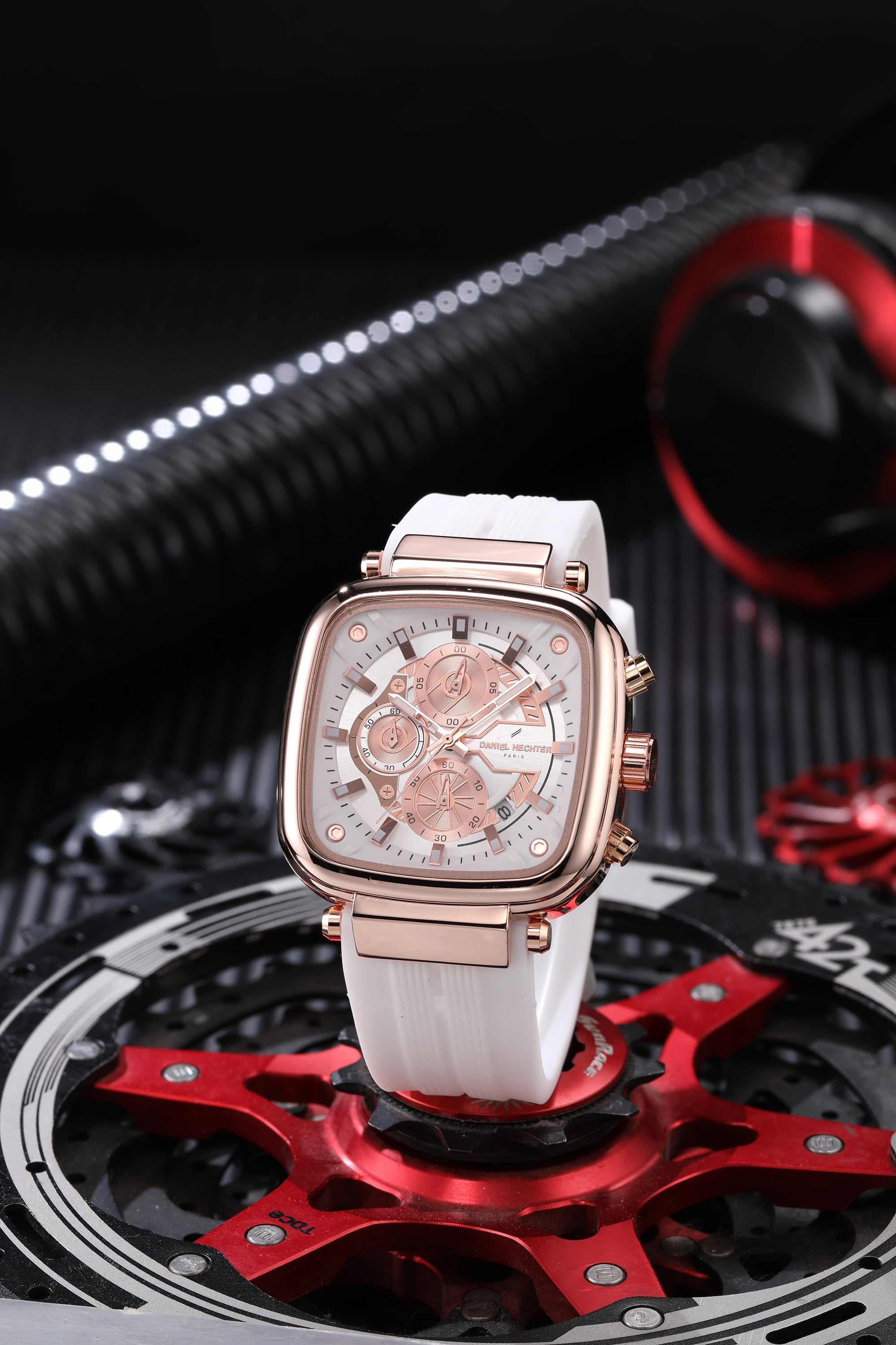 Daniel Hechter Paris Chronograph Analog Quartz Watch for Men with White/RoseGold Square Dial, Luminous Hands & Baton Hour Markers and White Silicone Strap - DHM1055-02