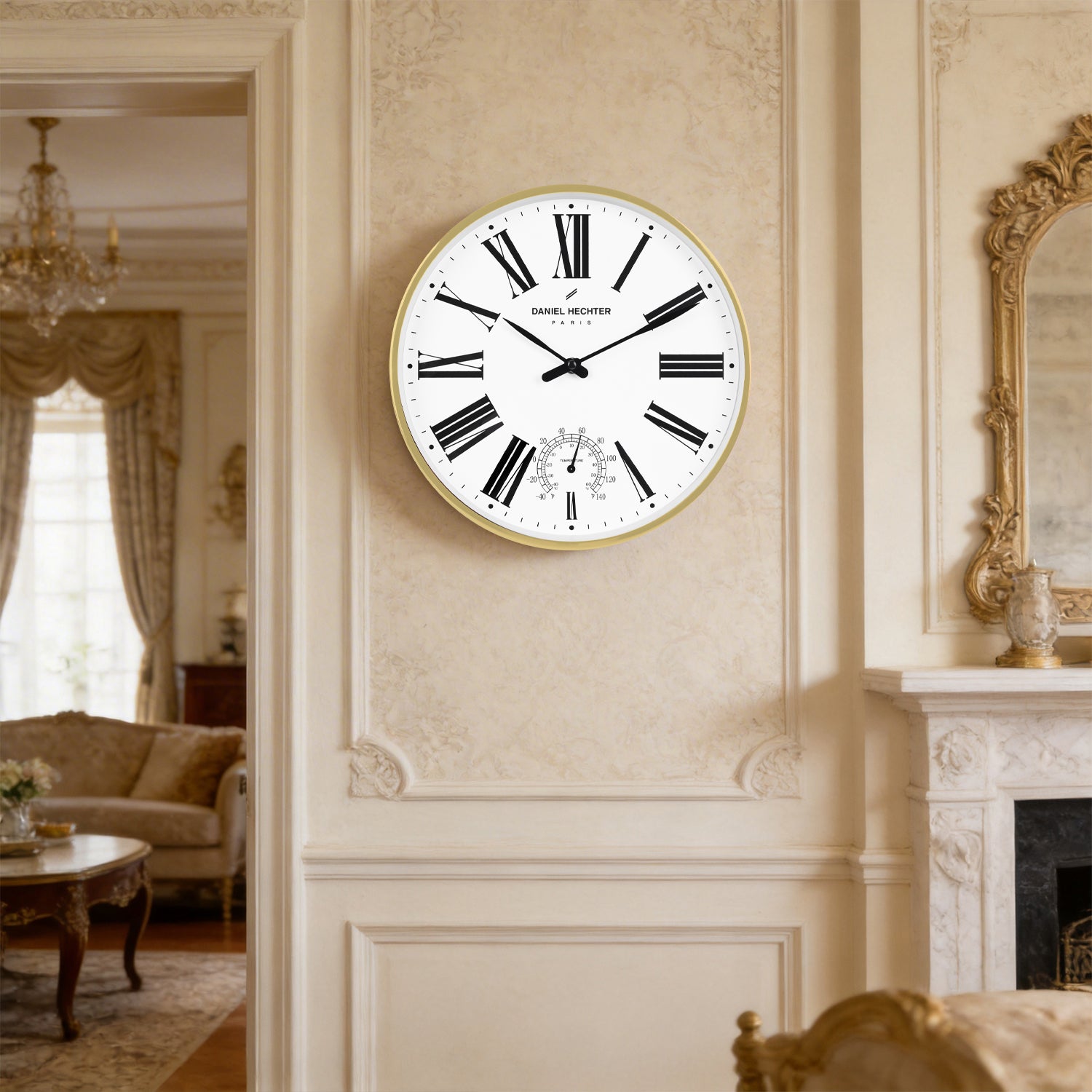 Daniel Hechter Paris Wall Clock, Silent Sweep Non-Ticking Quartz Movement, Temperature Display, White Dial, Gold Metal Frame - DHCL1003-22