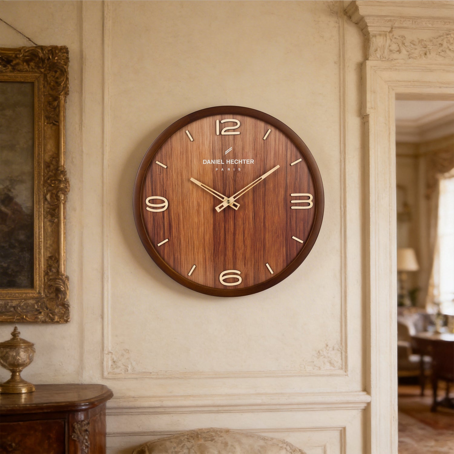 Daniel Hechter Paris Wall Clock, Silent Sweep Non-Ticking Quartz Movement,Wood-Grain Dial, Brown Wooden Frame - DHCL1005-11