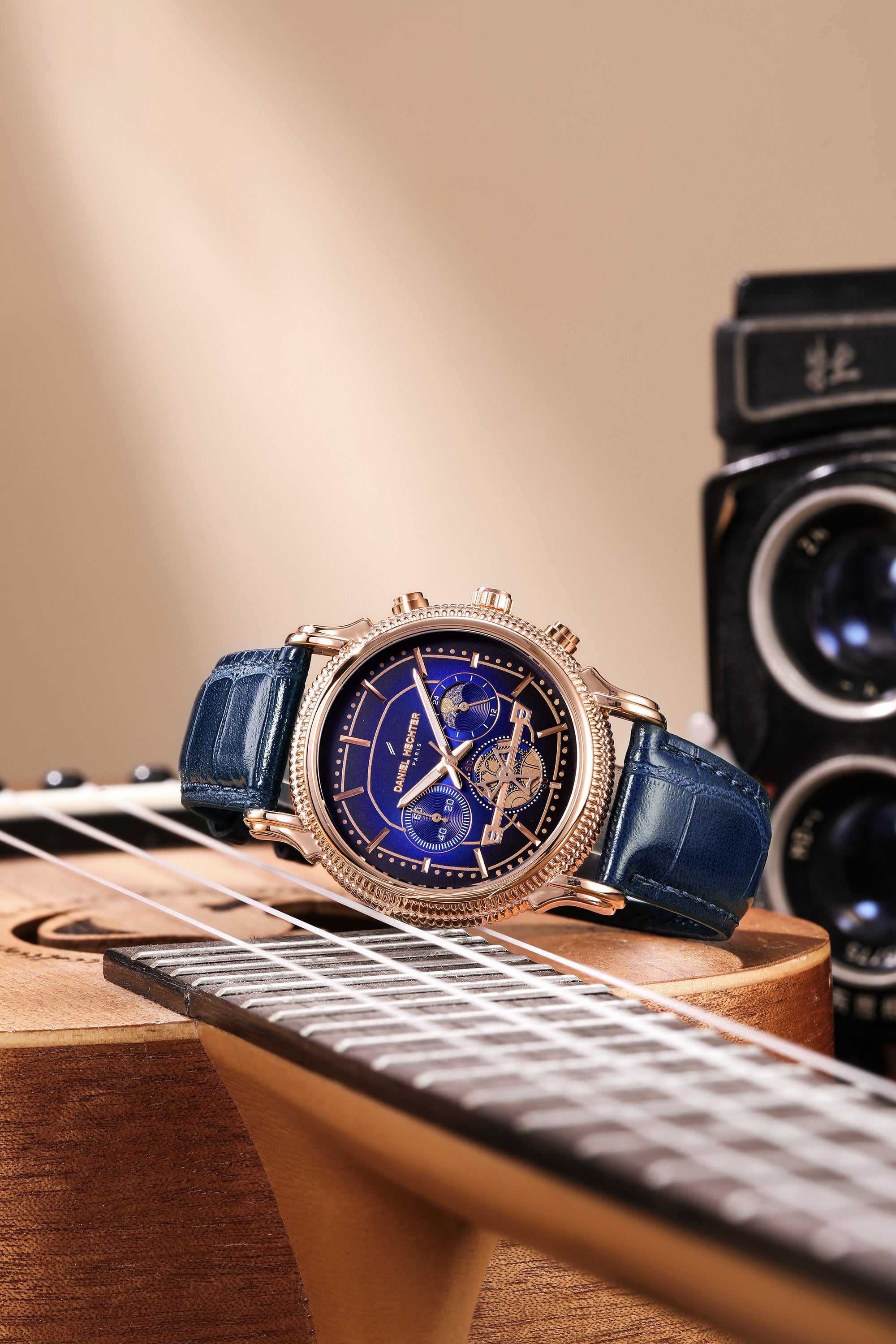 Daniel Hechter Paris Analog Quartz Watch for Men with Blue Round Dial, Day/Night Indicator, Small Seconds Sub-Dials and Blue Leather Strap - DHM1054-02