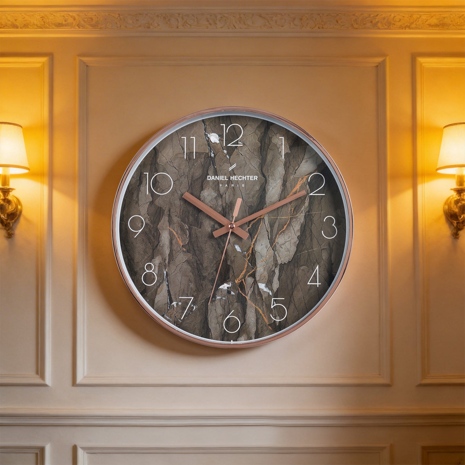 Daniel Hechter Paris Wall Clock, Silent Sweep Non-Ticking Quartz Movement,  Brown Marble Dial, Rose Gold Plastic Frame - DHCL1003-02