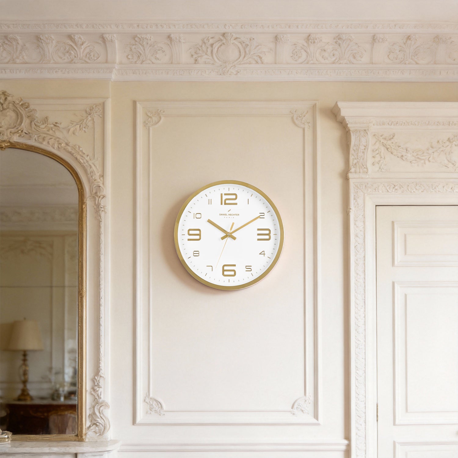 Daniel Hechter Paris Wall Clock, Silent Sweep Non-Ticking Quartz Movement, White Dial, Gold Plastic Frame, 3D Numerals - DHCL1002-02