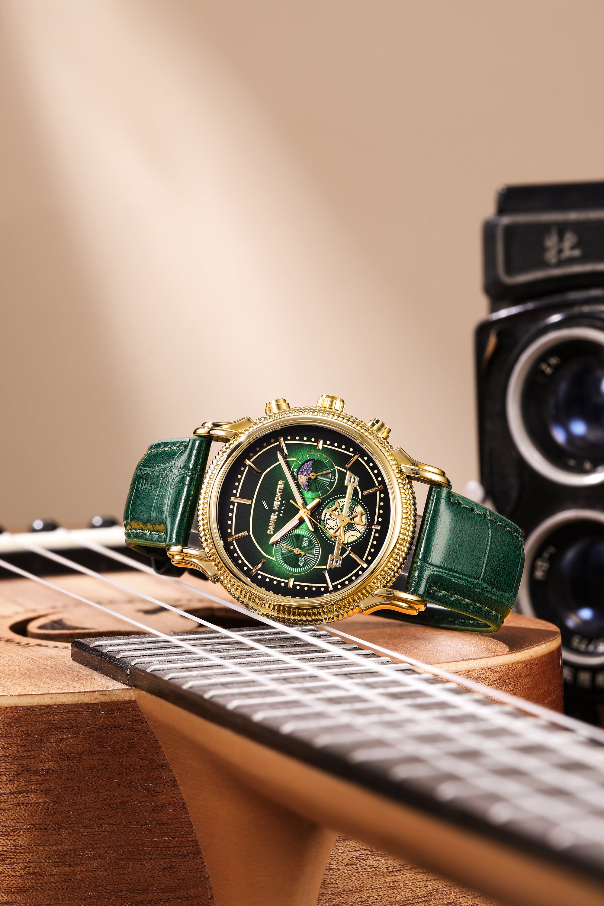 Daniel Hechter Paris Analog Quartz Watch for Men with Green Round Dial, Day/Night Indicator, Small Seconds Sub-Dials and Green Leather Strap - DHM1054-03